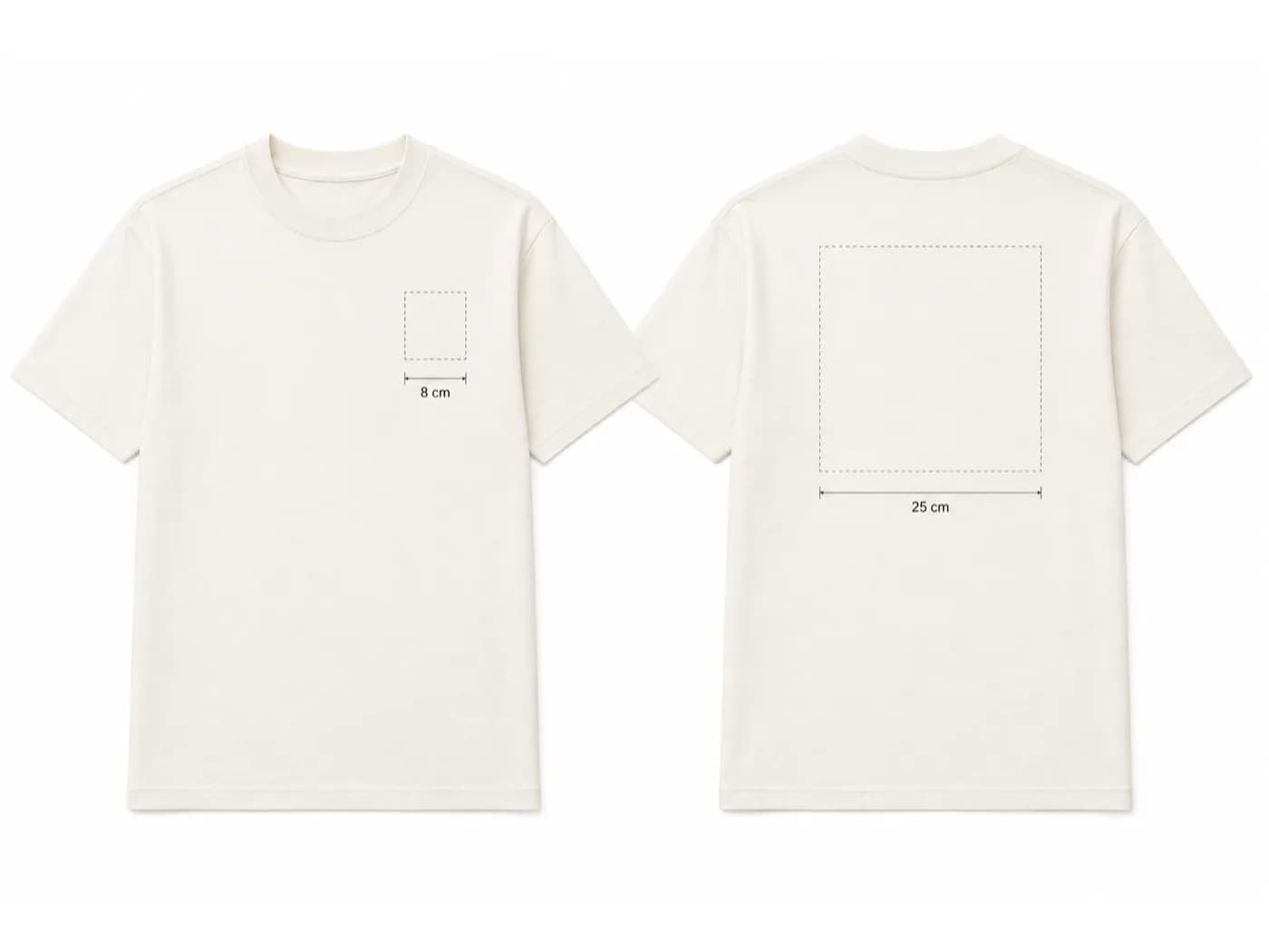 T-shirt écru de face et de dos, zones de marquage cotées à 8 cm et 25 cm
