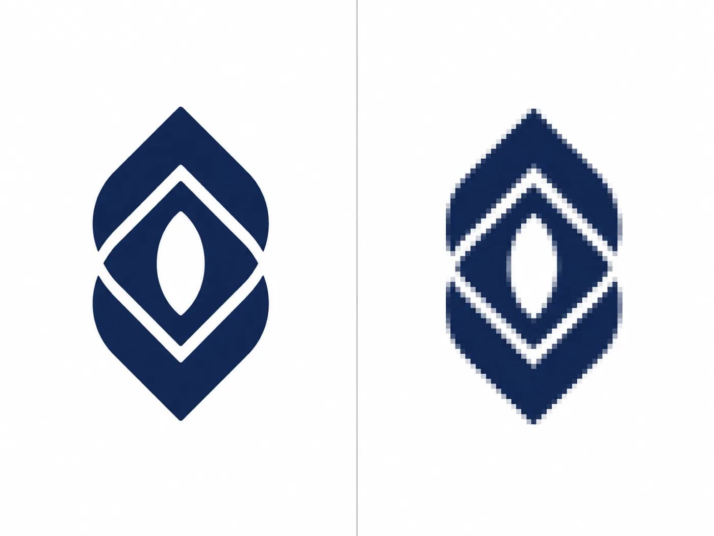 Le même logo en vectoriel net à gauche, en JPG basse résolution pixelisé à droite