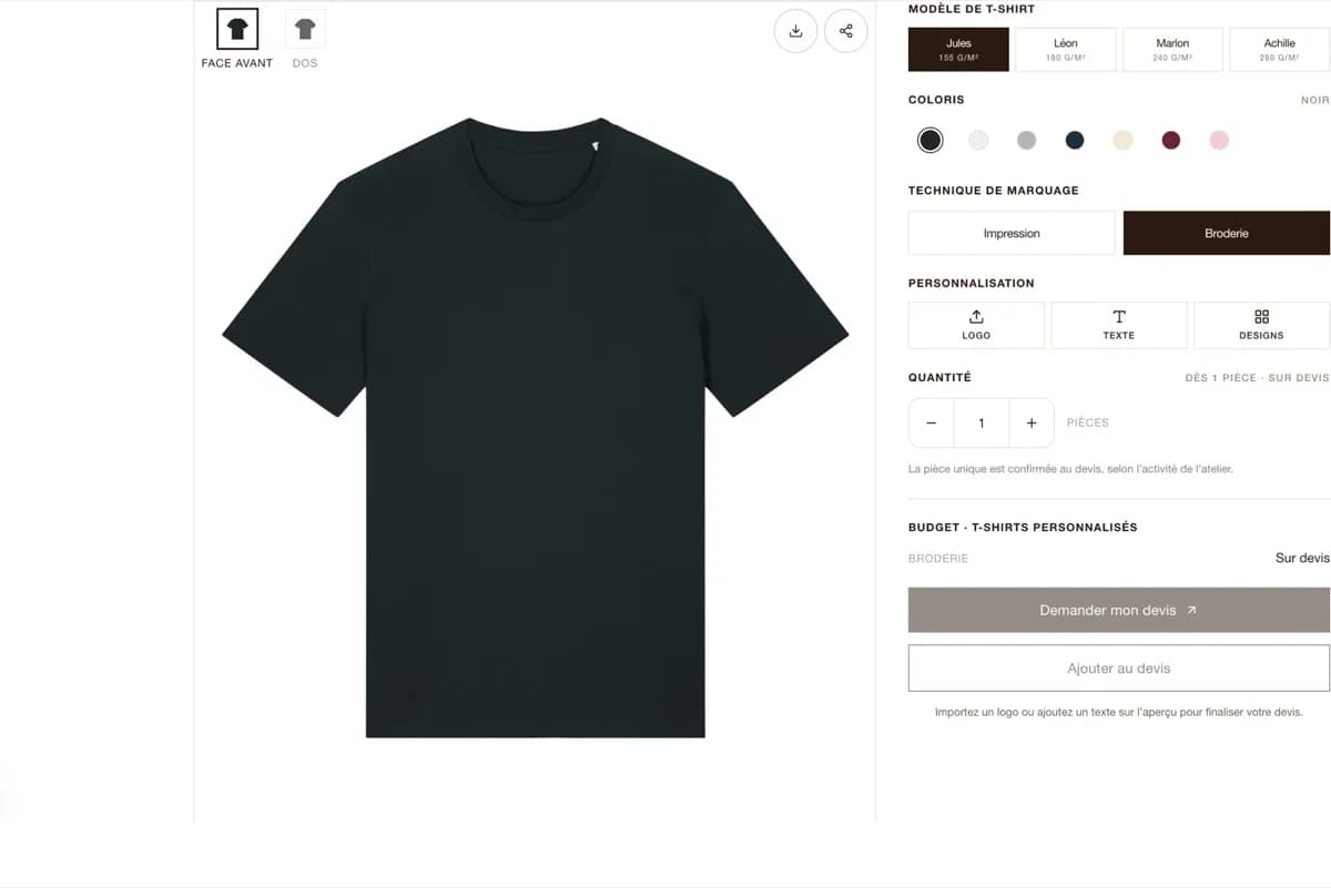 Configurateur de t-shirt personnalisé en ligne : choix du modèle, du coloris et de la technique broderie ou impression, avec aperçu du t-shirt en direct