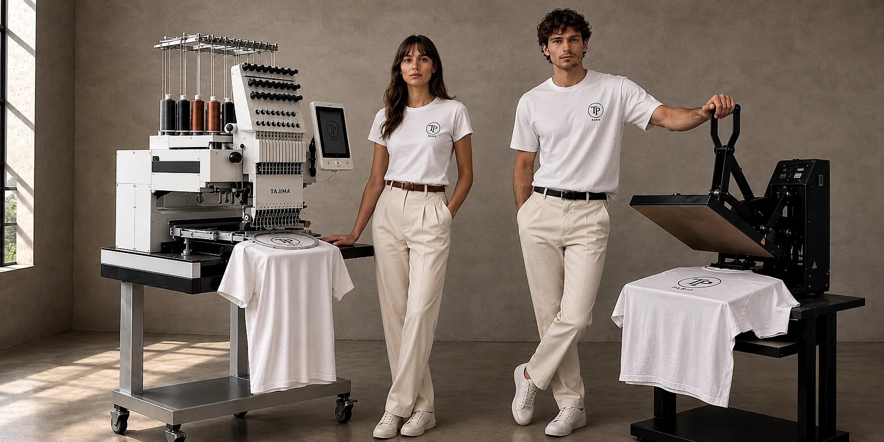 Atelier de personnalisation : t-shirt écru au monogramme brodé sur la brodeuse Tajima, t-shirt écru au monogramme imprimé sous la presse à chaud