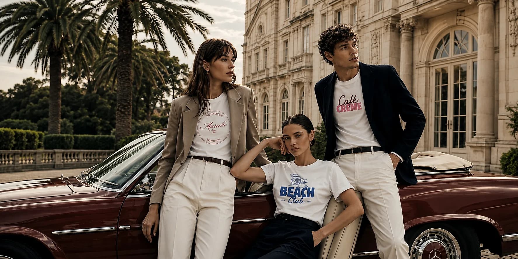 Trois t-shirts personnalisés blancs portés, marquages imprimés Marcello Restaurant, Café Crème et Beach Club, devant un cabriolet et une façade classique