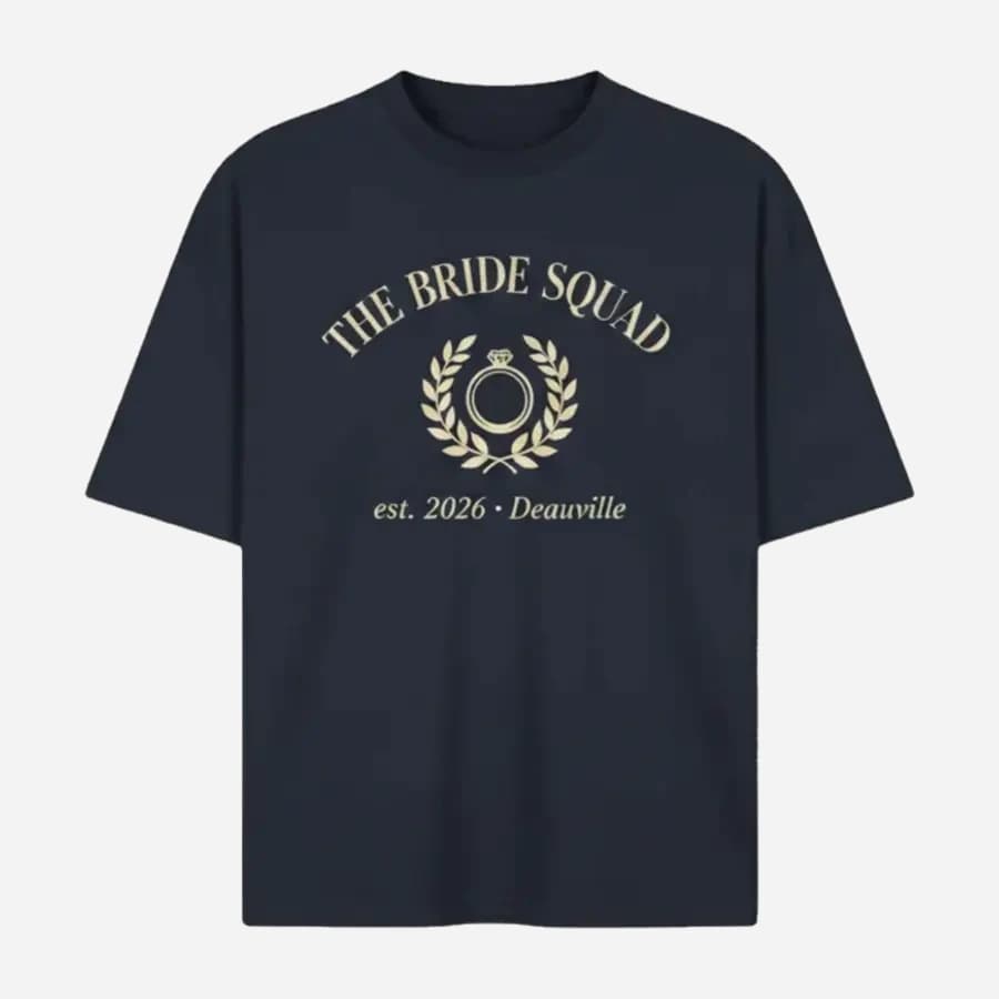 T-shirt bleu marine personnalisé EVJF, The Bride Squad imprimé au dos