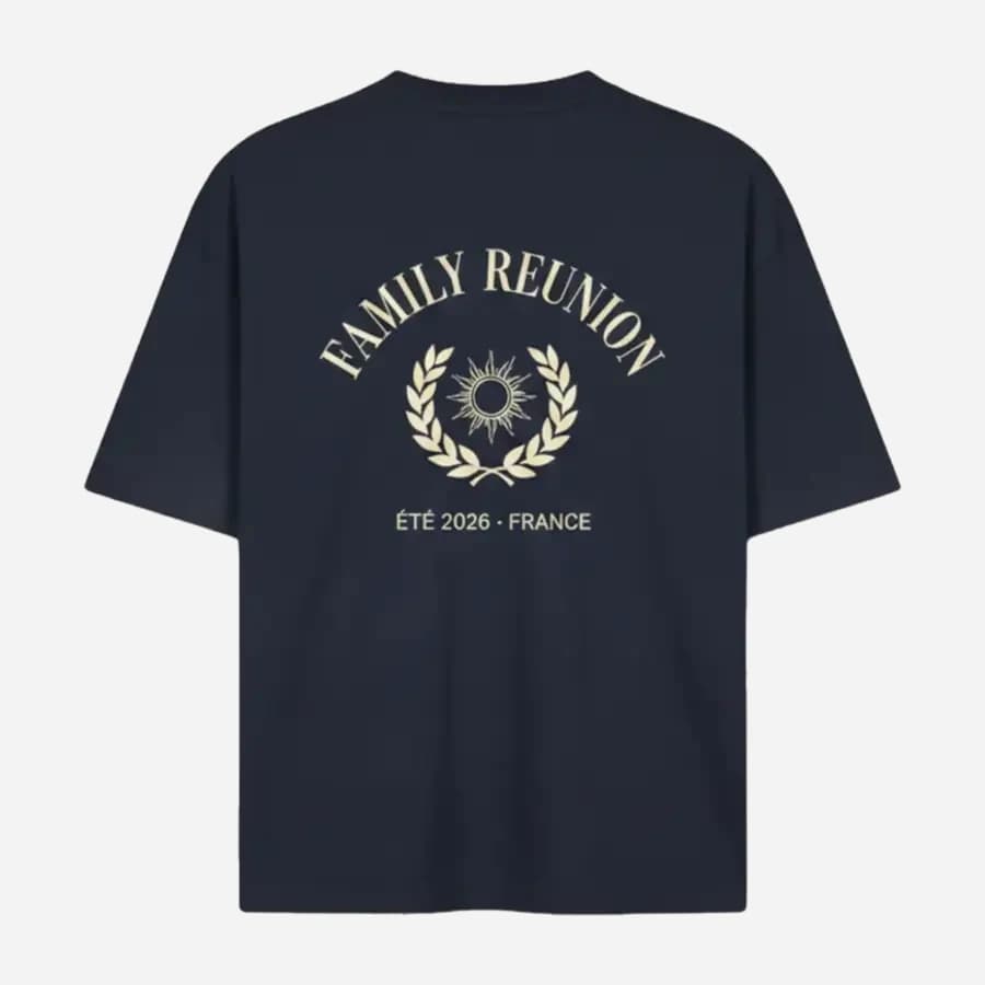 T-shirt bleu marine personnalisé, Family Reunion Été 2026 France imprimé au dos