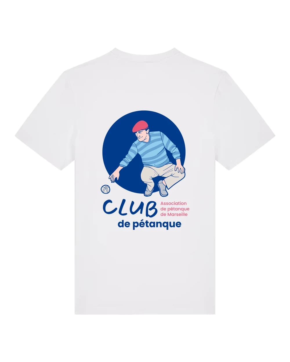 T-shirt blanc d’association marqué de l’écusson d’un club de pétanque