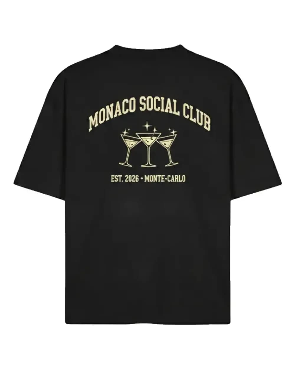 T-shirt noir d’un club social, marqué dans notre atelier parisien