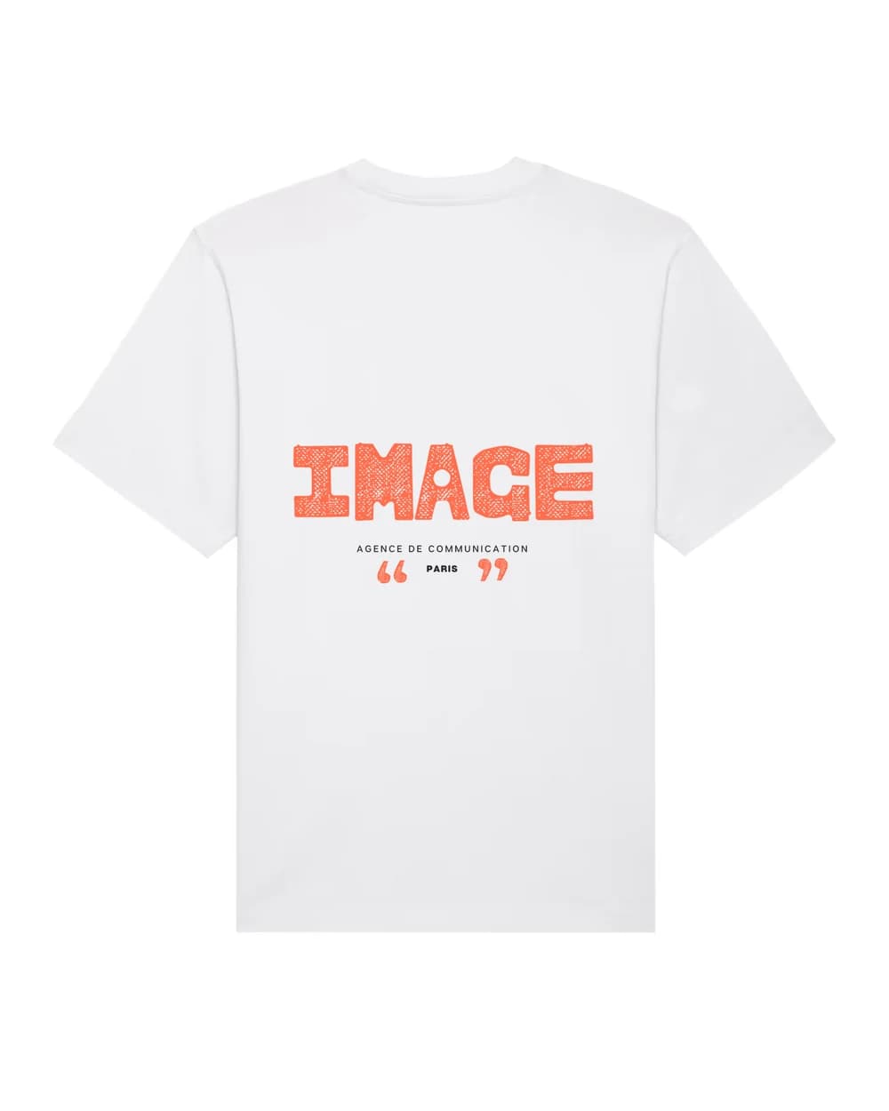 T-shirt d’entreprise personnalisé blanc, logo d’agence de communication imprimé en grand dans le dos