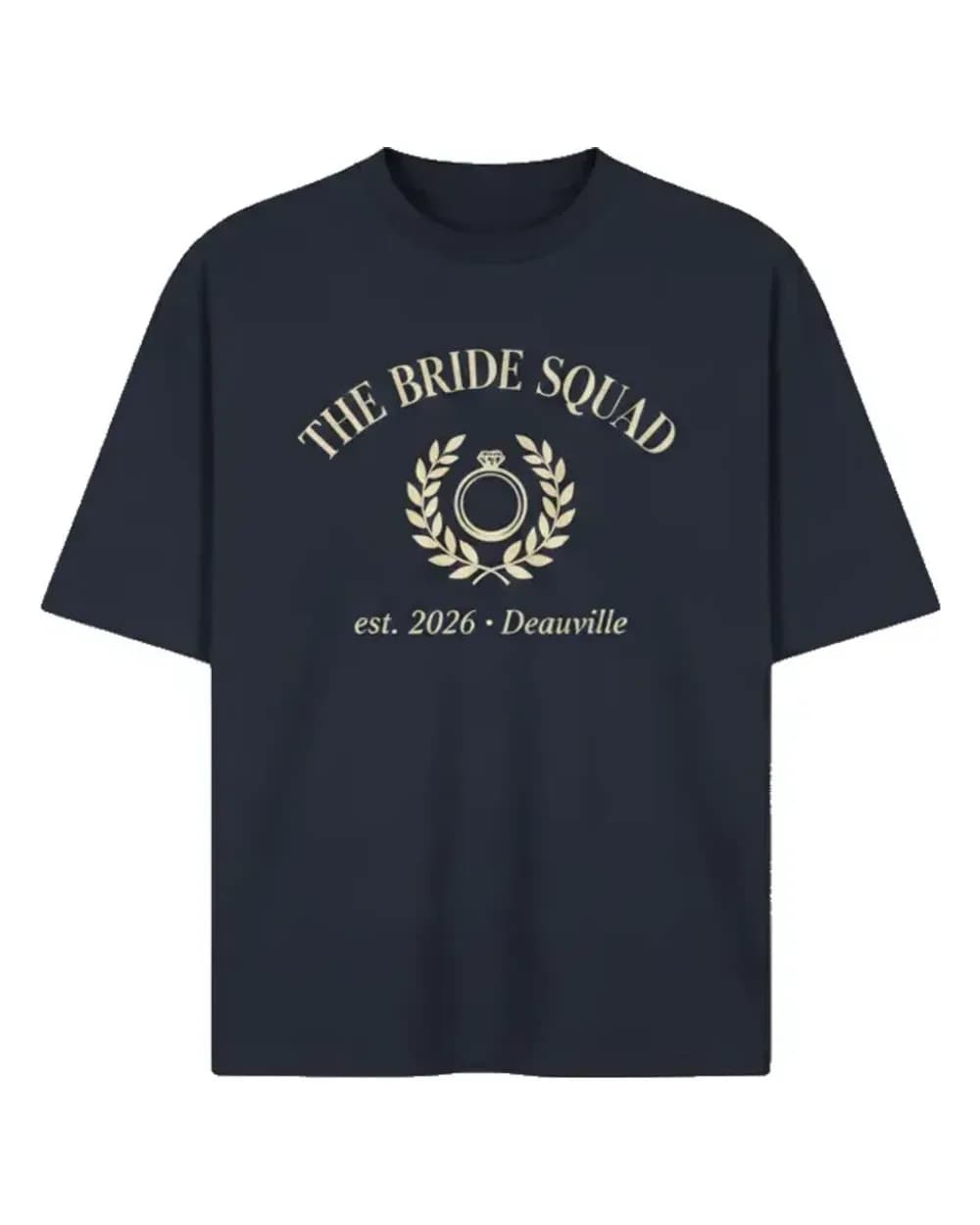 T-shirt EVJF personnalisé bleu marine, marquage The Bride Squad avec la ville et l’année