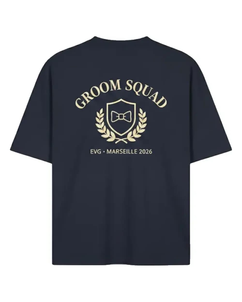 T-shirt EVG personnalisé bleu marine, marquage Groom Squad pour la bande du marié
