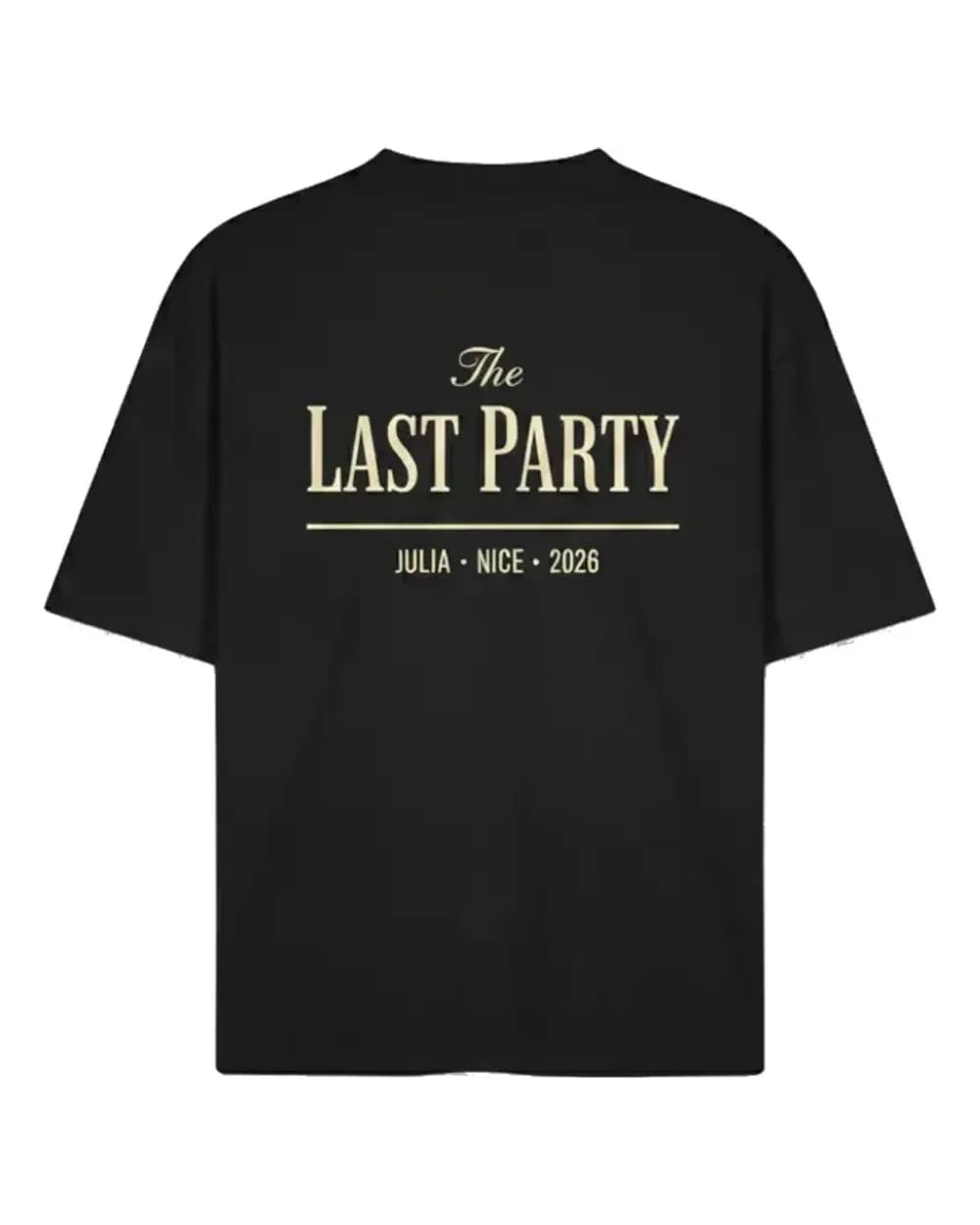 T-shirt EVG personnalisé noir, marquage The Last Party avec le prénom du marié, la ville et la date