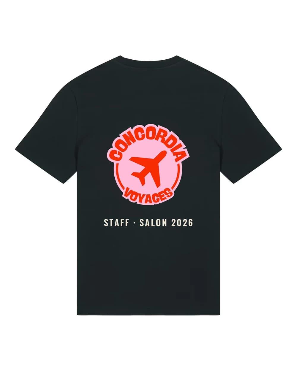T-shirt de staff personnalisé noir, logo de l’exposant et mention STAFF imprimés dans le dos