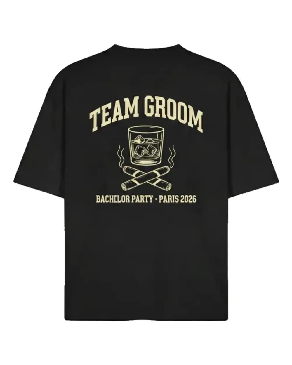 T-shirt EVG personnalisé noir, marquage Team Groom avec la ville et l’année de l’enterrement de vie de garçon