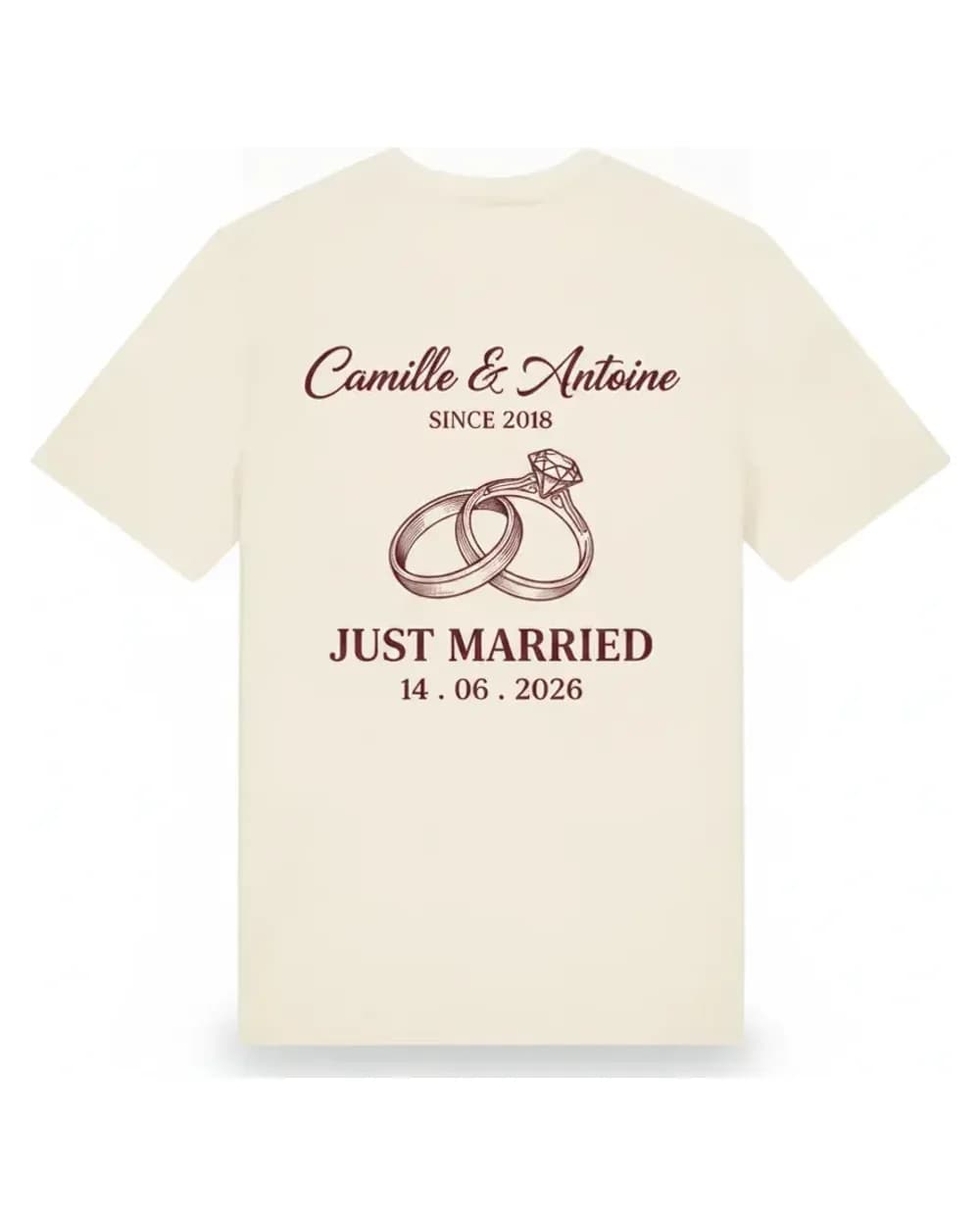 T-shirt crème personnalisé mariage, prénoms et Just Married imprimés au dos