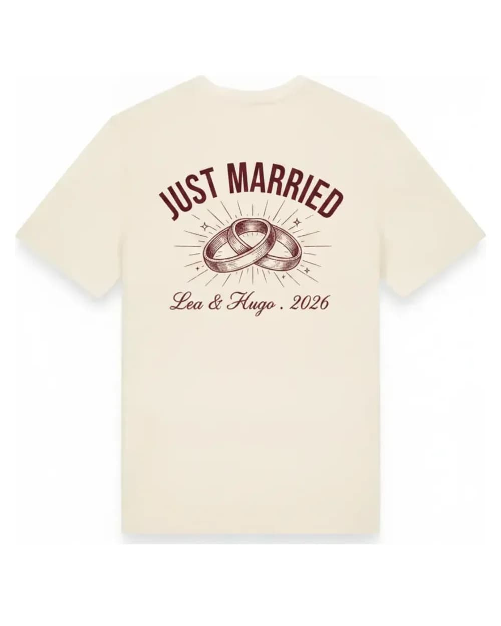T-shirt crème personnalisé mariage, Just Married et alliances imprimés au dos