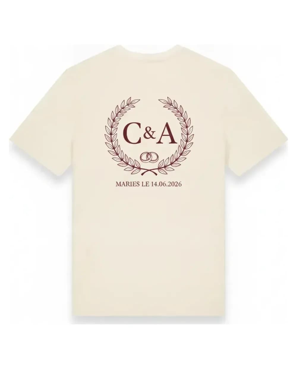 T-shirt crème personnalisé mariage, monogramme et alliances imprimés au dos