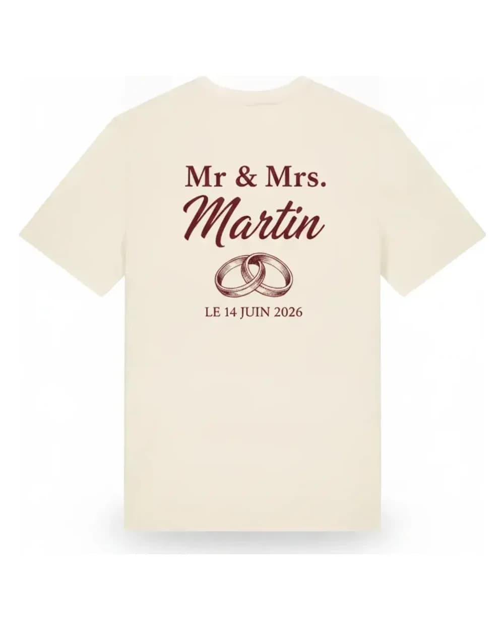 T-shirt crème personnalisé mariage, Mr & Mrs et nom imprimés au dos