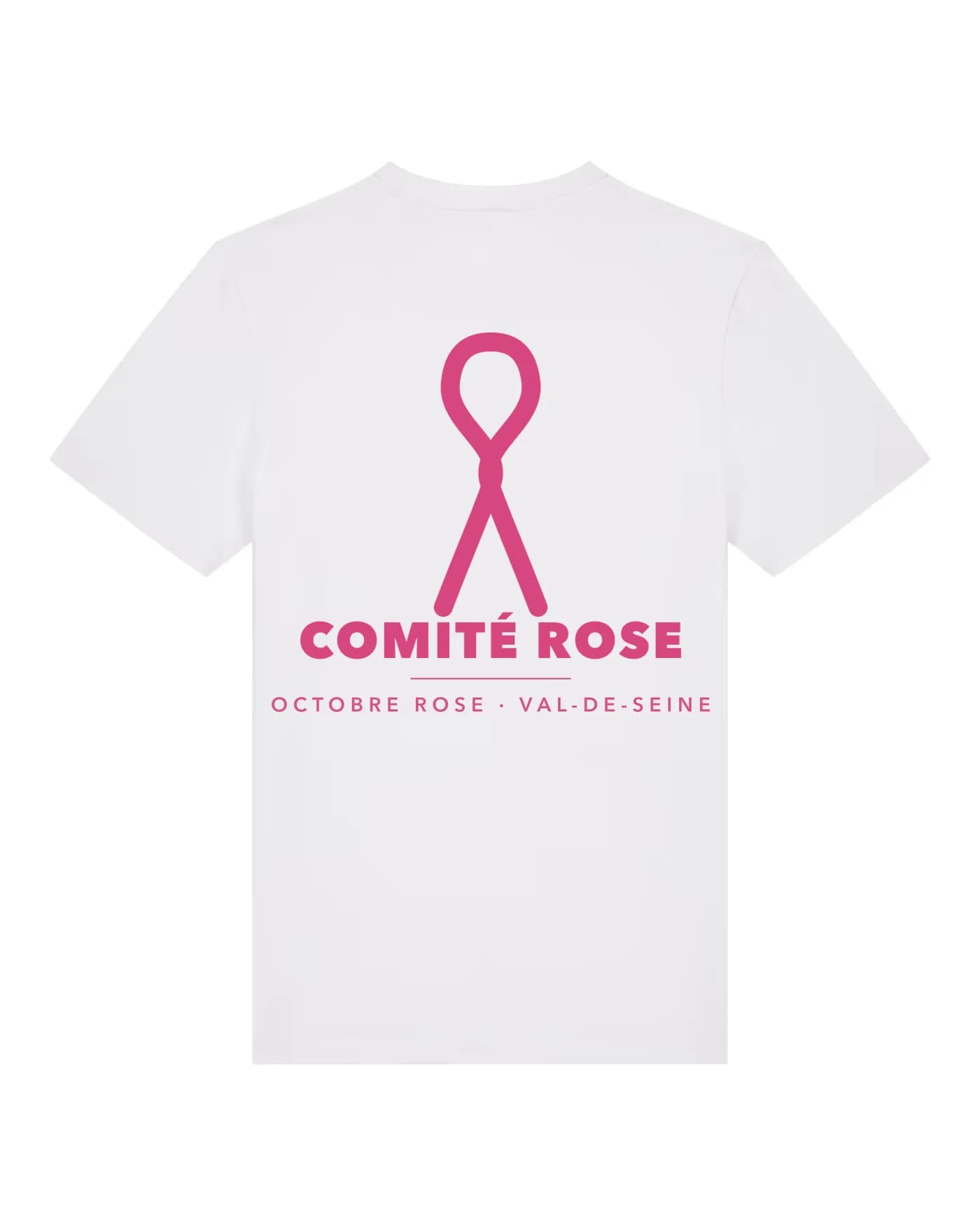 T-shirt Octobre Rose personnalisé blanc, ruban rose et nom du comité imprimés au dos