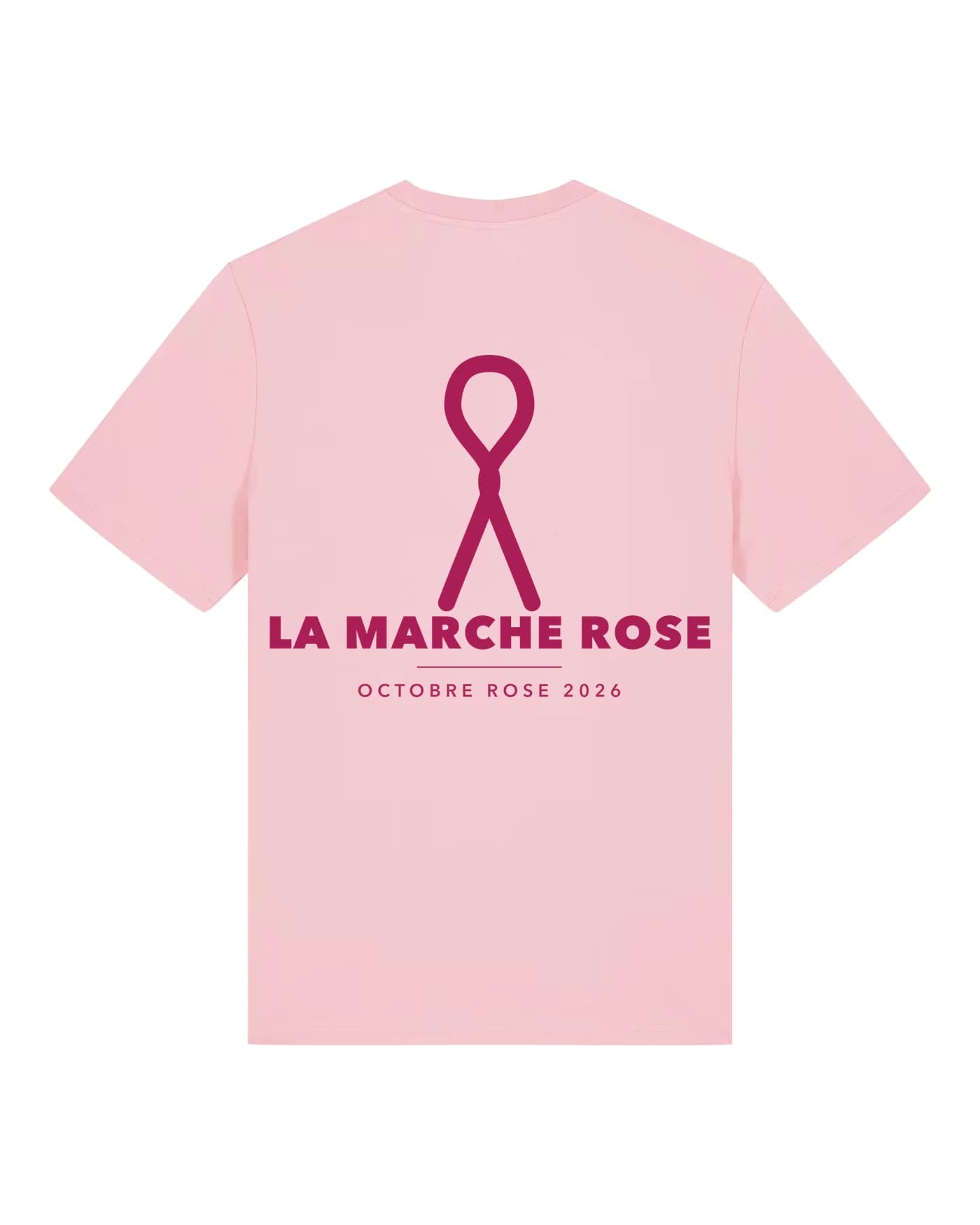T-shirt Octobre Rose personnalisé rose pâle, ruban rose et nom de la marche solidaire imprimés au dos