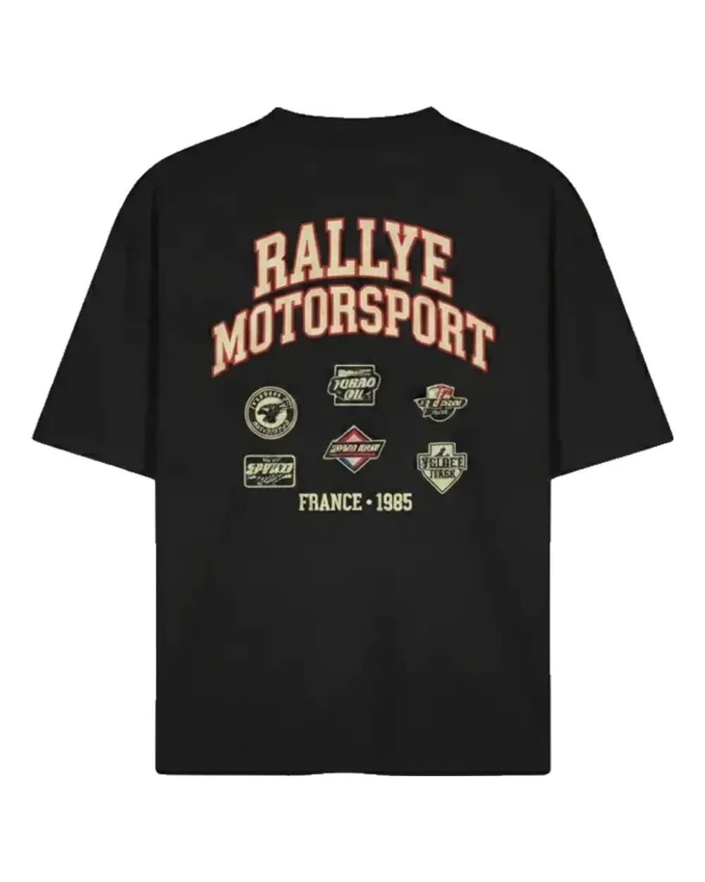 T-shirt noir personnalisé, patches Rallye Motorsport imprimés au dos