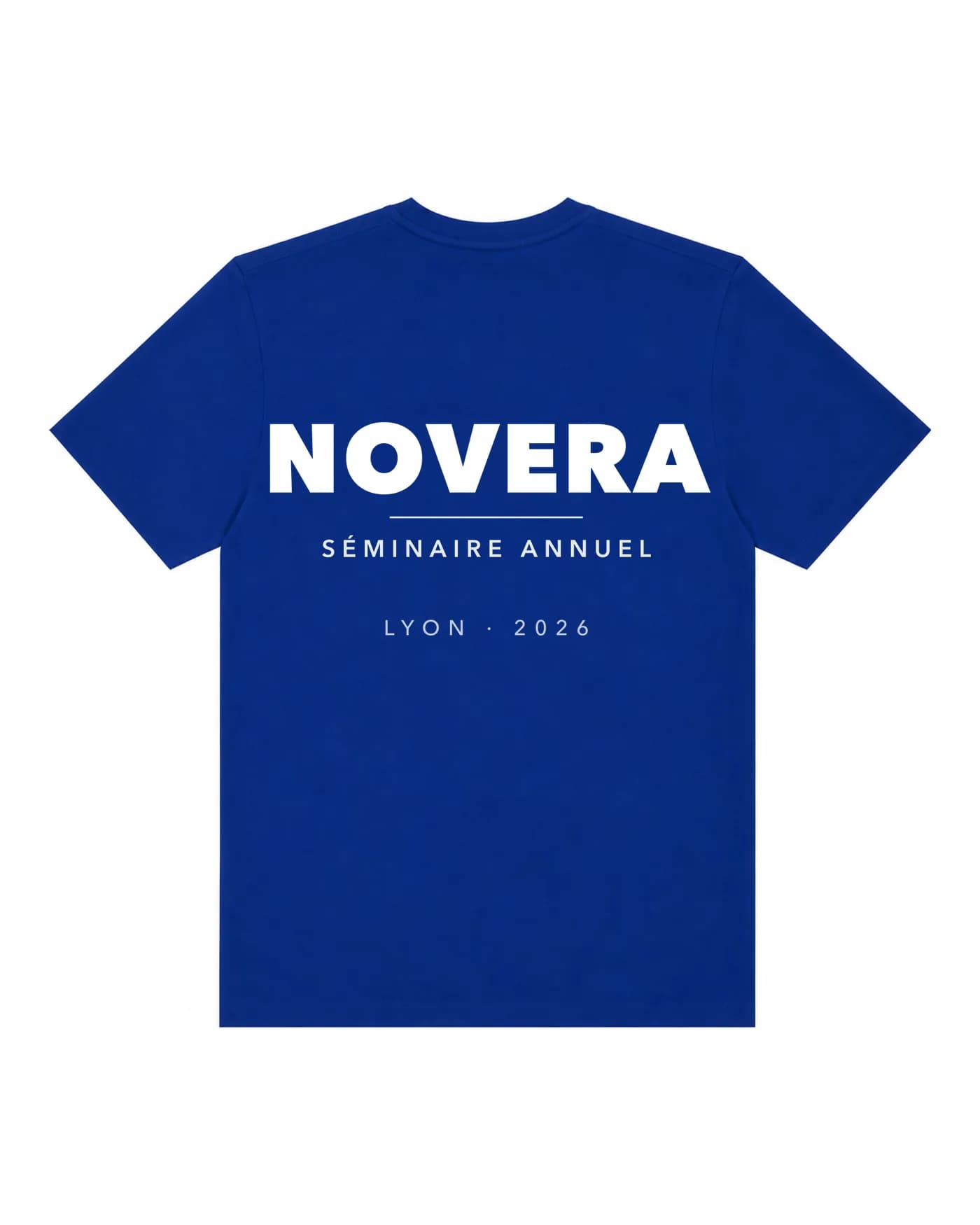 T-shirt de team building personnalisé bleu roi, logo d’entreprise et nom du séminaire imprimés au dos