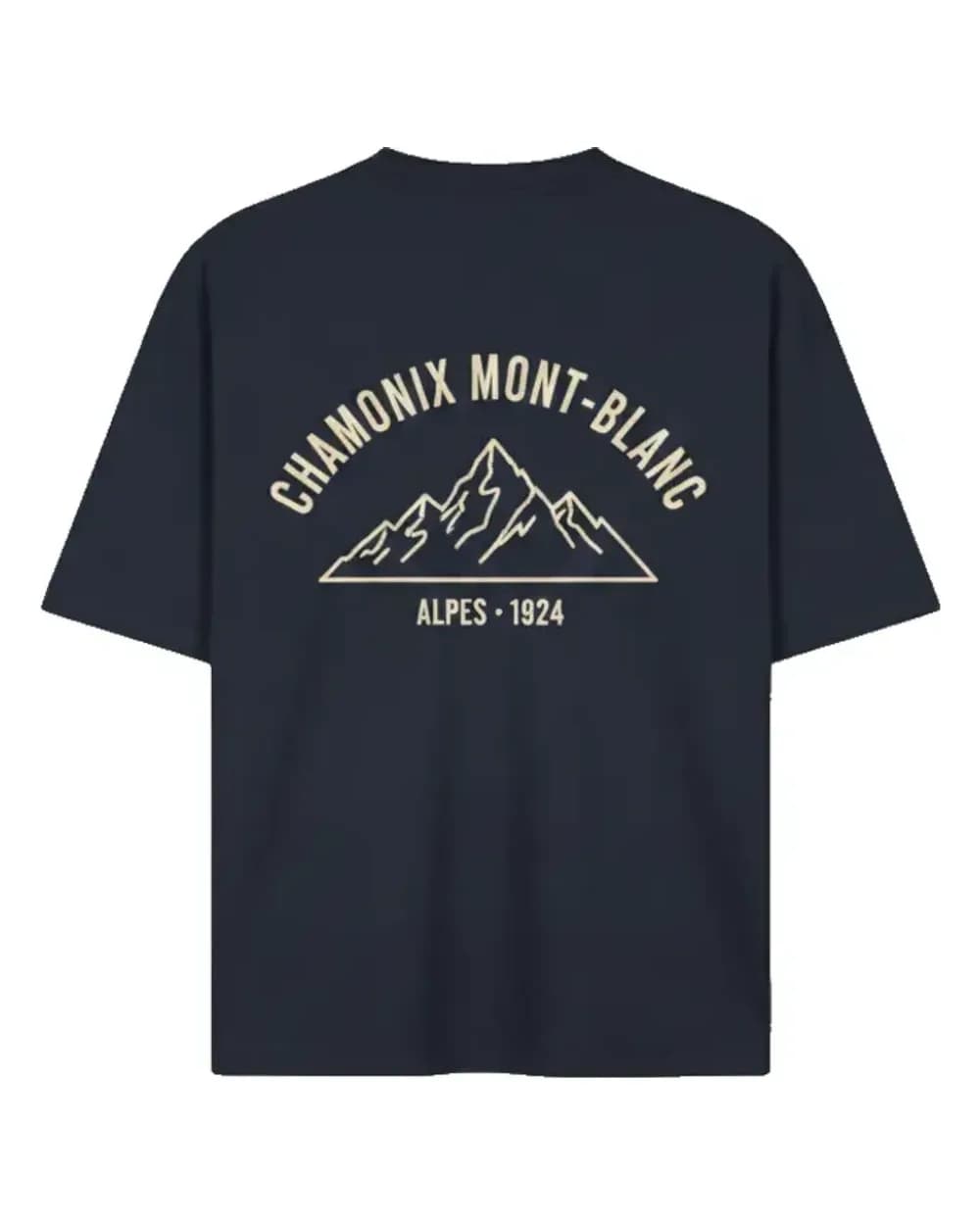 T-shirt bleu marine personnalisé, visuel Chamonix Mont-Blanc au dos