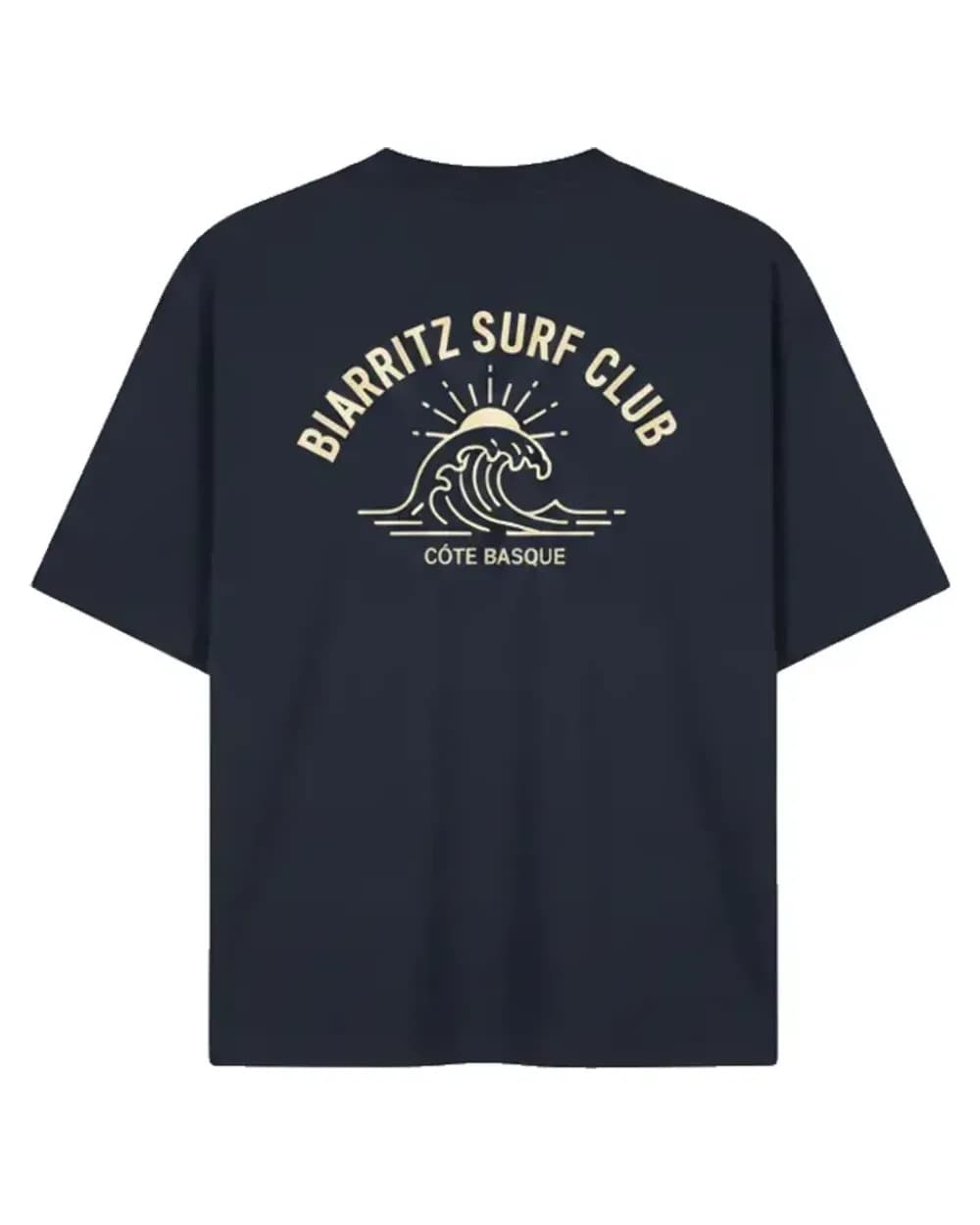 T-shirt bleu marine personnalisé, visuel Biarritz Surf Club au dos