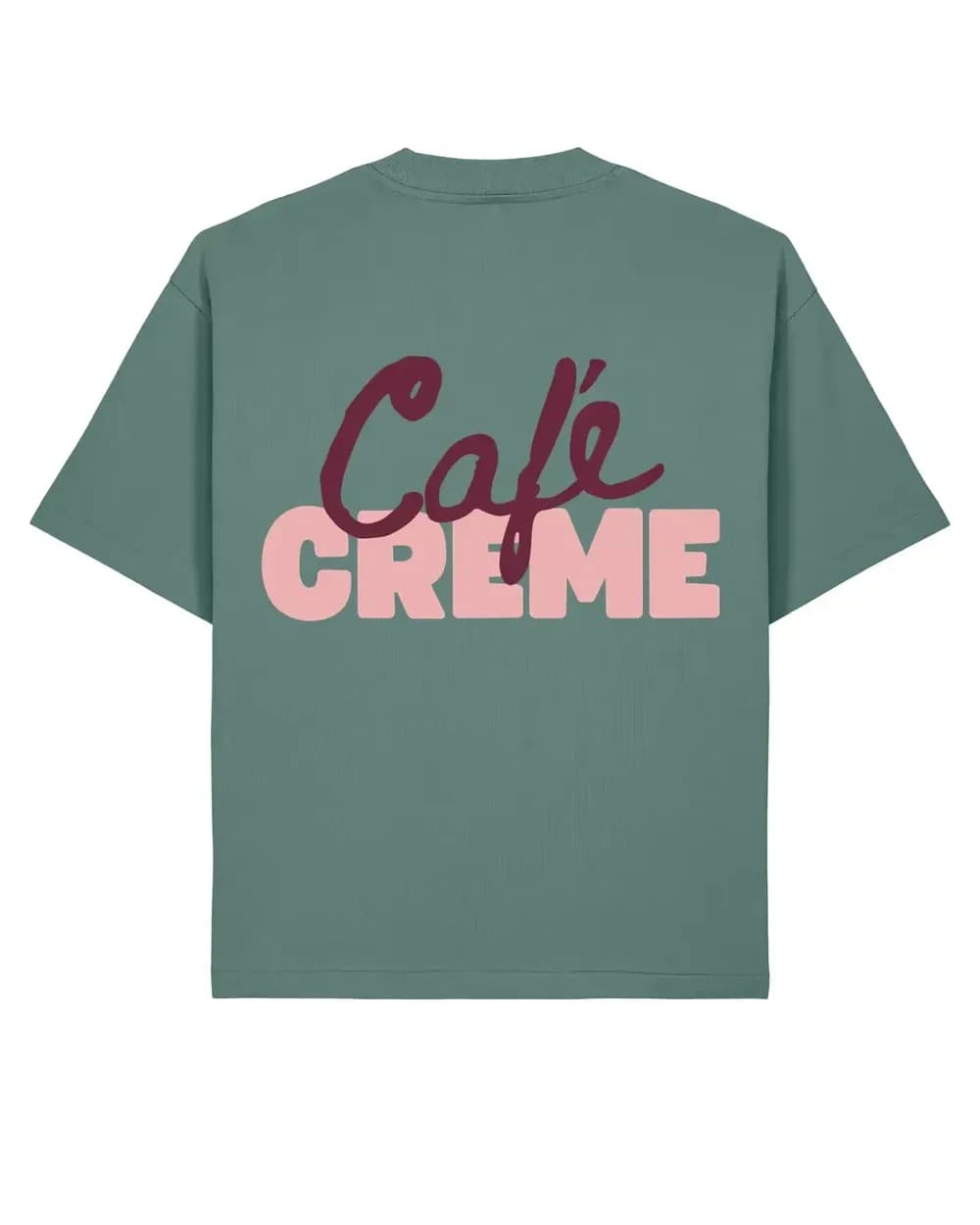 T-shirt de restauration personnalisé vert sauge, enseigne Café Crème imprimée en grand dans le dos