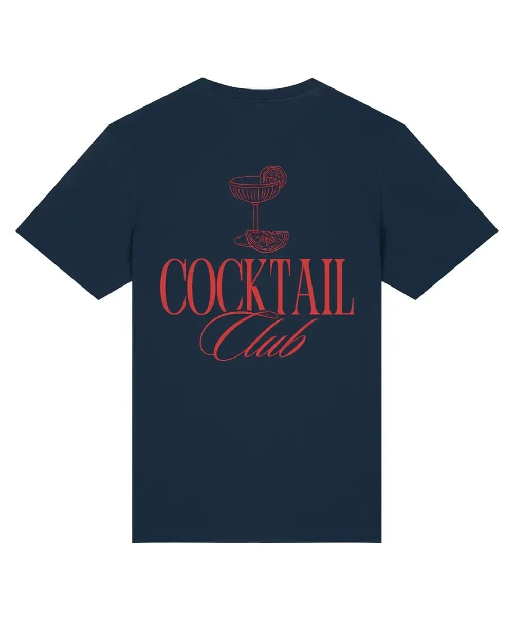T-shirt de bar personnalisé bleu marine, enseigne Cocktail Club imprimée avec sa coupe