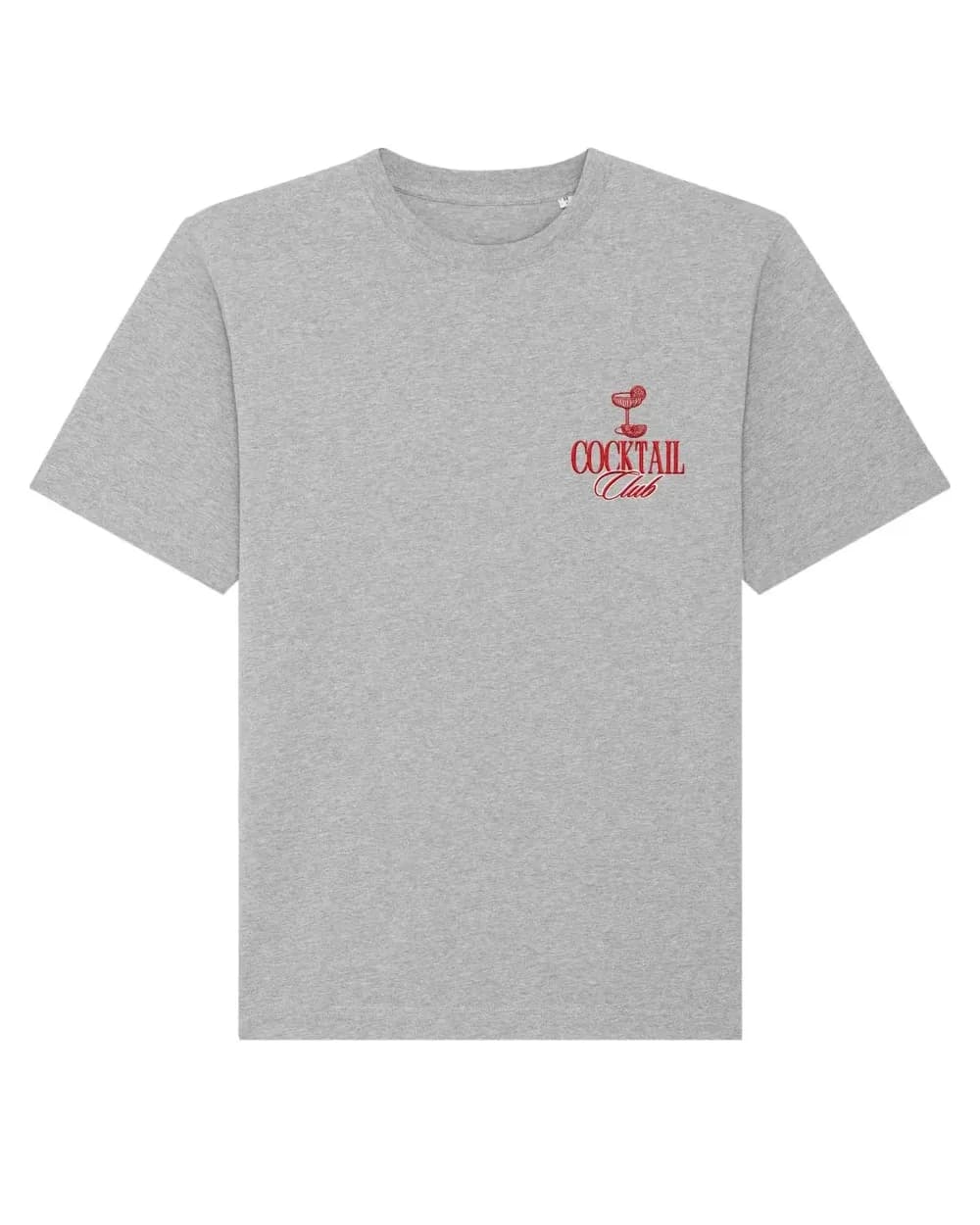 T-shirt gris chiné avec l’enseigne d’un bar à cocktails brodée côté cœur