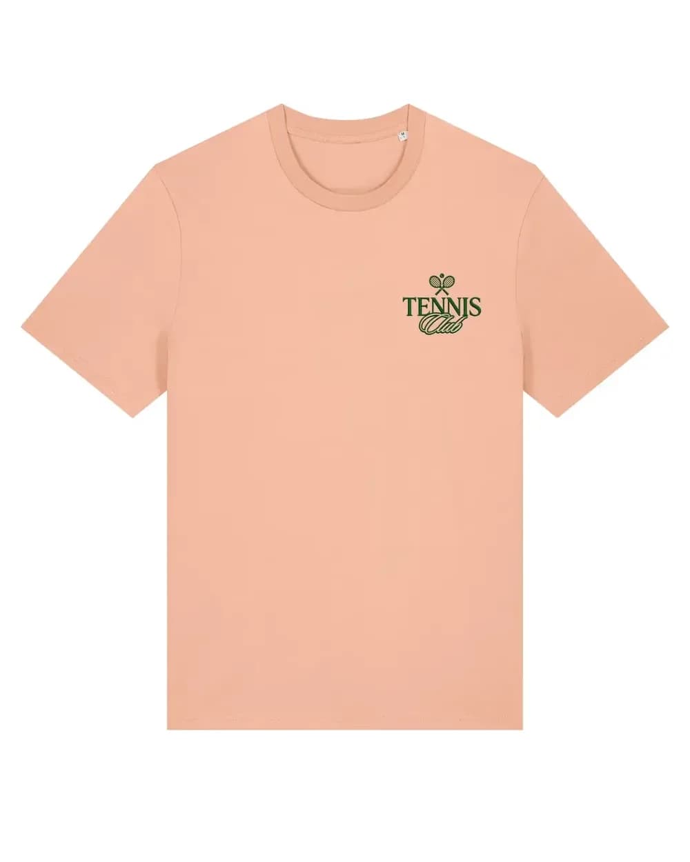 Logo brodé au fil sur un t-shirt pêche, tenue sobre de cabinet de santé