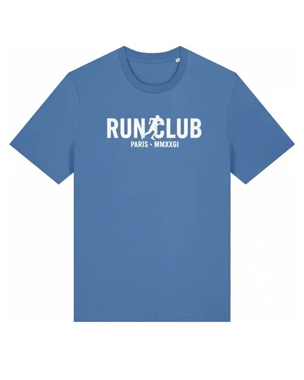 T-shirt bleu personnalisé, visuel run club imprimé sur la poitrine