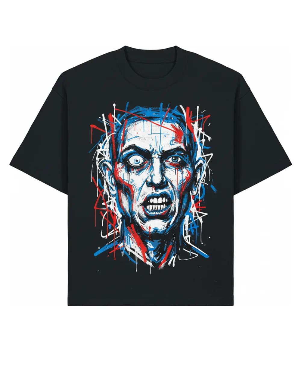 T-shirt noir oversize personnalisé, visage abstrait imprimé en DTF haute définition