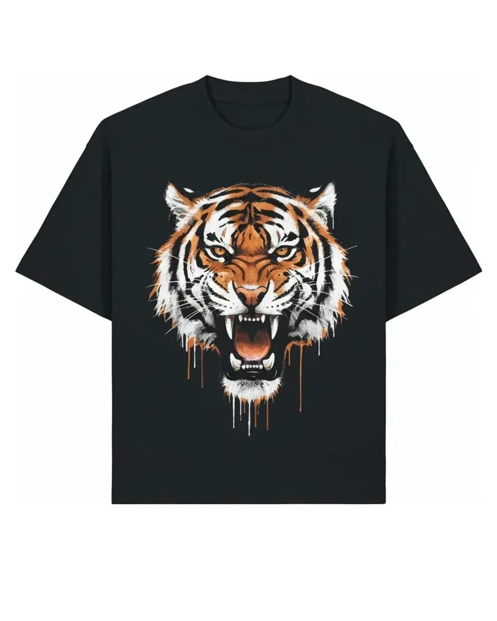 T-shirt noir oversize personnalisé, illustration tigre imprimée en DTF couleur