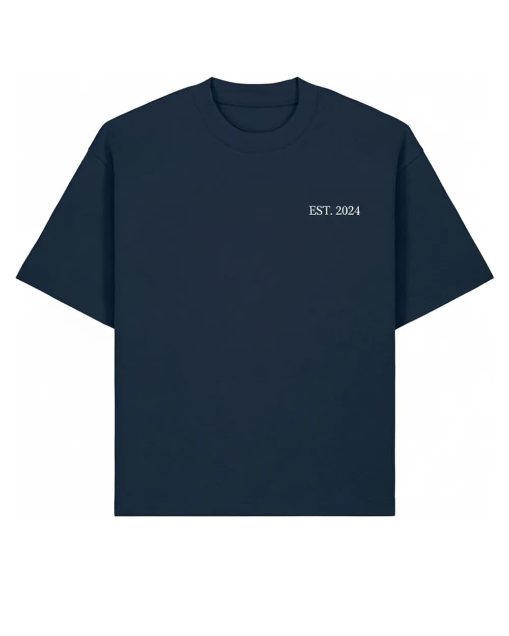 T-shirt bleu marine personnalisé, symbole et date brodés en petit format
