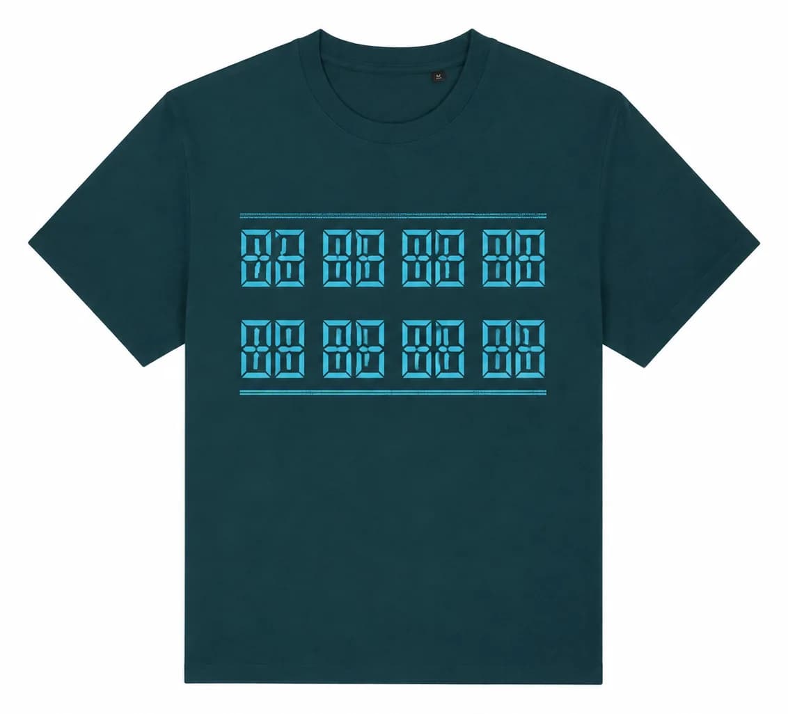 T-shirt vert canard sérigraphié d’un aplat cyan, sorti de la série filmée