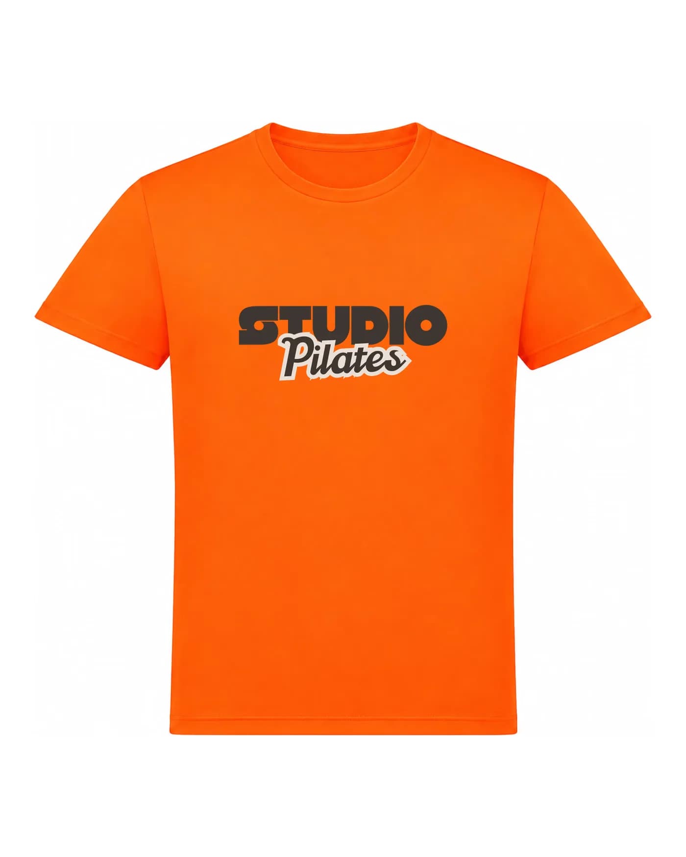 T-shirt de sport orange en maille technique, logo d’un studio imprimé sur la poitrine