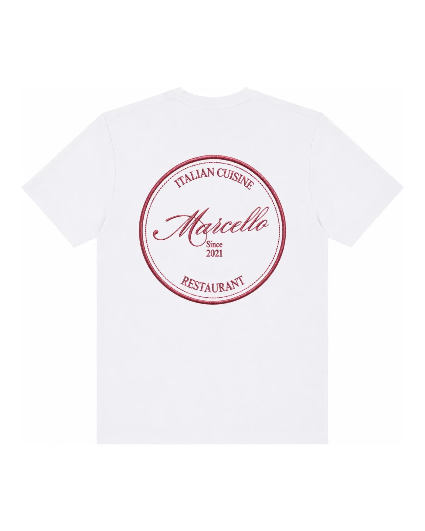 T-shirt blanc avec le logo d’une enseigne brodé, tenue d’équipe