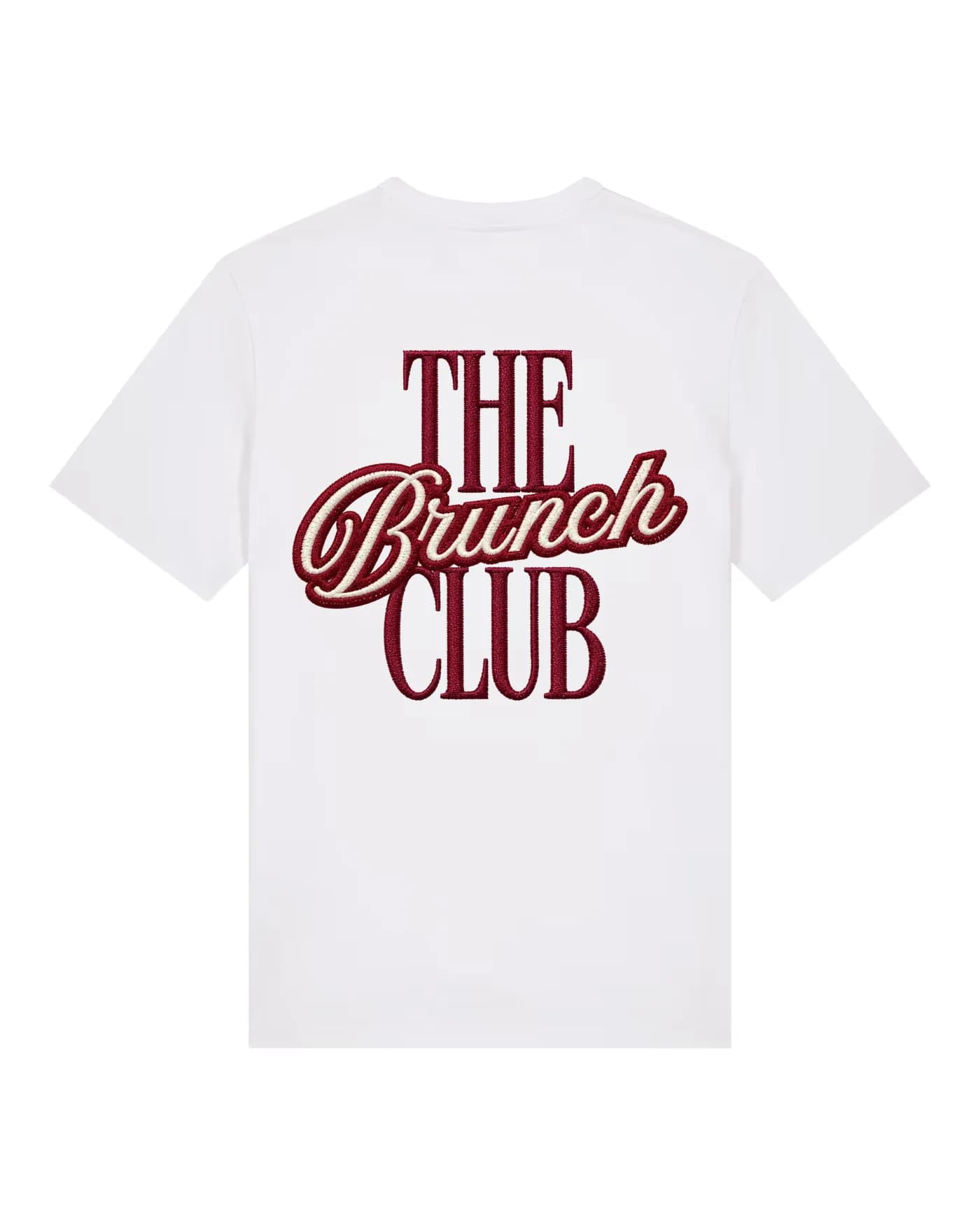 T-shirt blanc avec le logo d’un établissement brodé dans le dos
