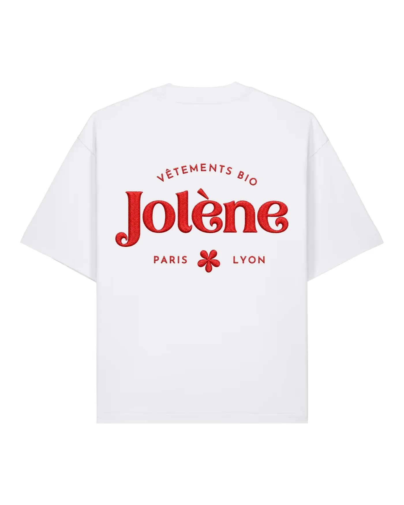 T-shirt blanc avec le logo d’une marque brodé, tenue d’équipe