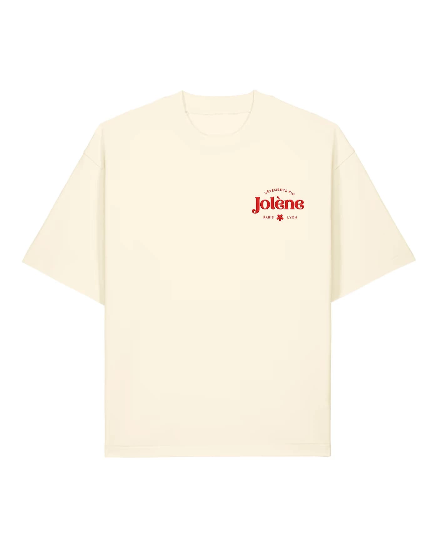 T-shirt crème avec un logo brodé côté cœur dans notre atelier parisien