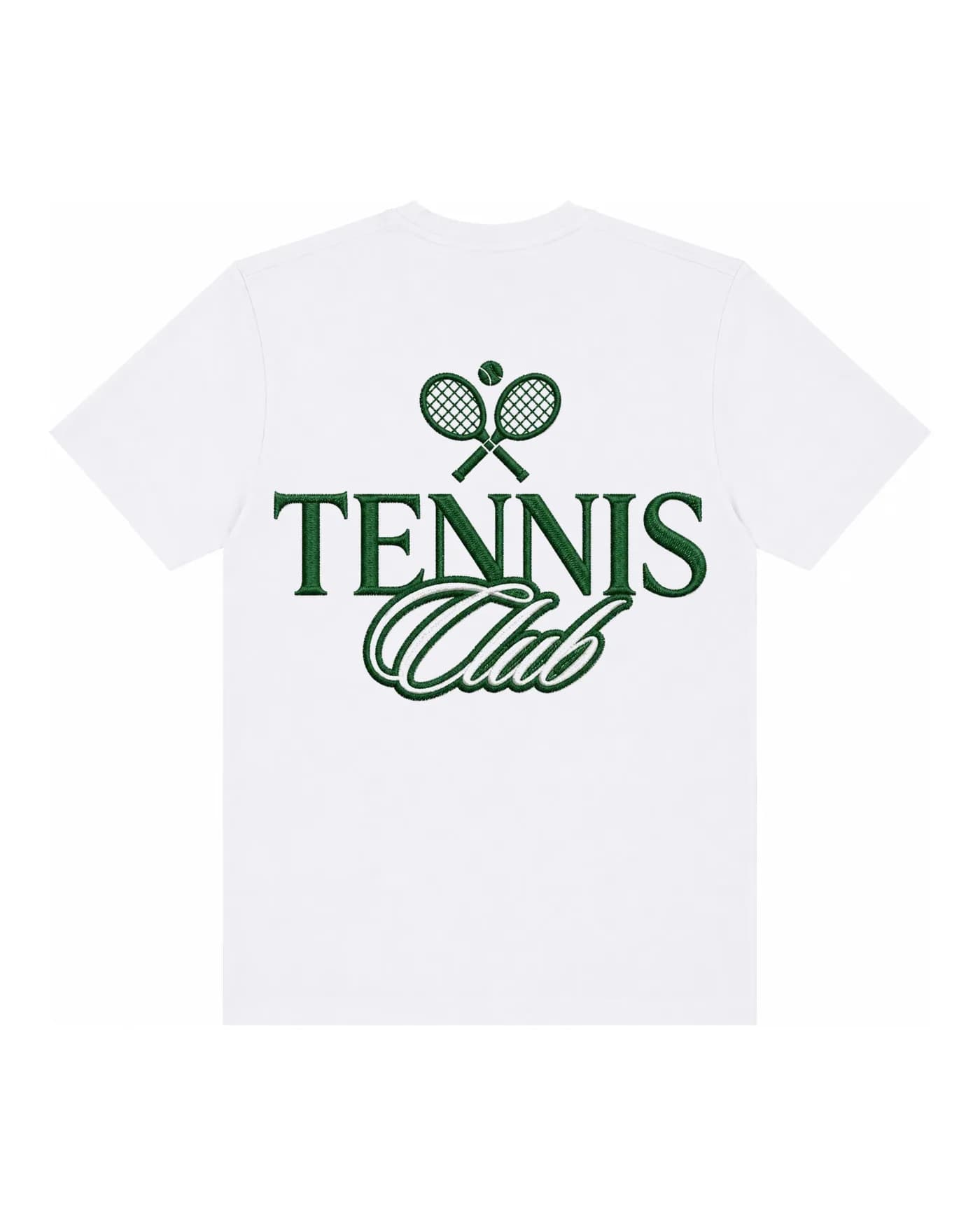 T-shirt blanc avec l’écusson d’un club de tennis brodé dans le dos