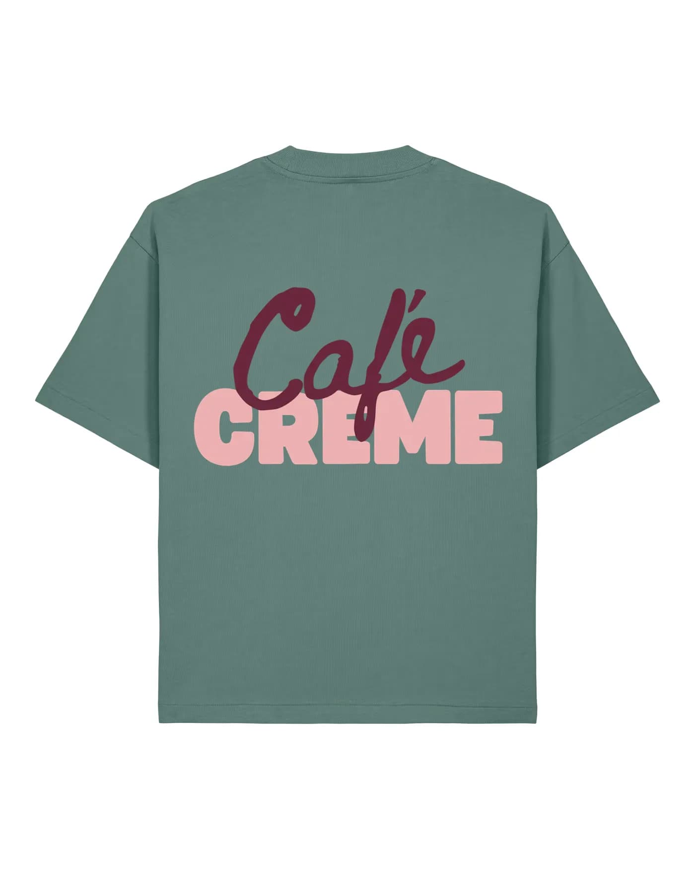 Le même logo sur un t-shirt vert sauge, imprimé d’un côté, brodé de l’autre, impression