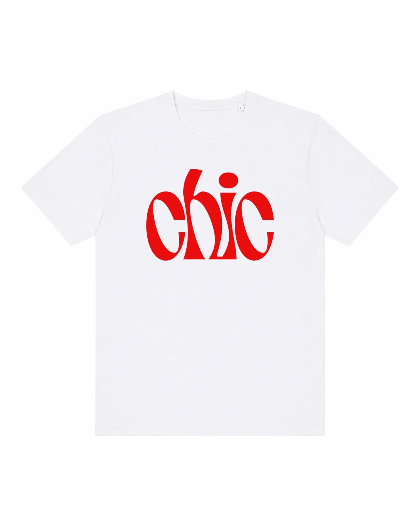 T-shirt blanc avec le même wordmark imprimé, aplat posé sur la maille