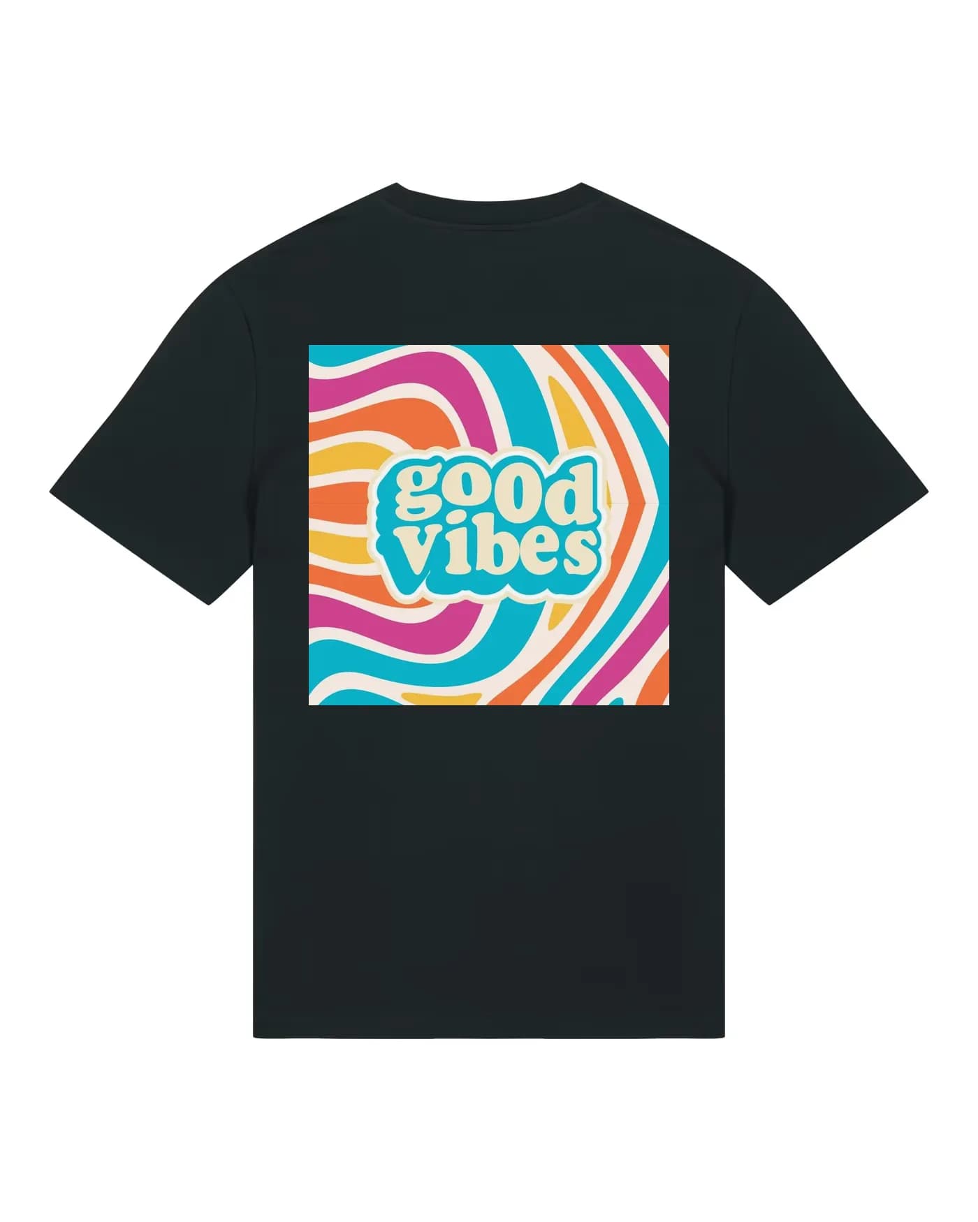 T-shirt noir personnalisé avec un visuel Good Vibes imprimé en couleurs dans le dos