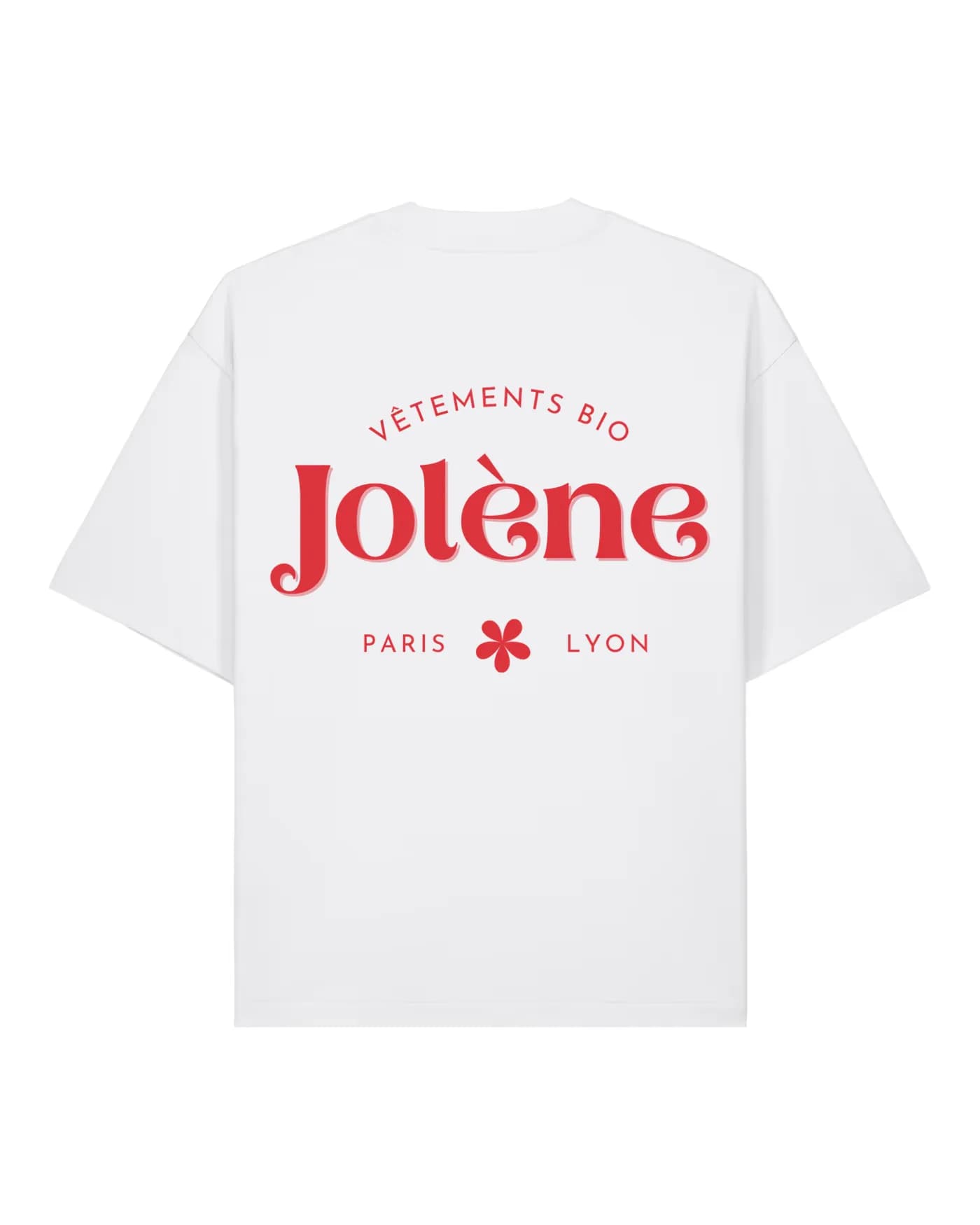 T-shirt blanc avec un visuel imprimé dans le dos, une face marquée