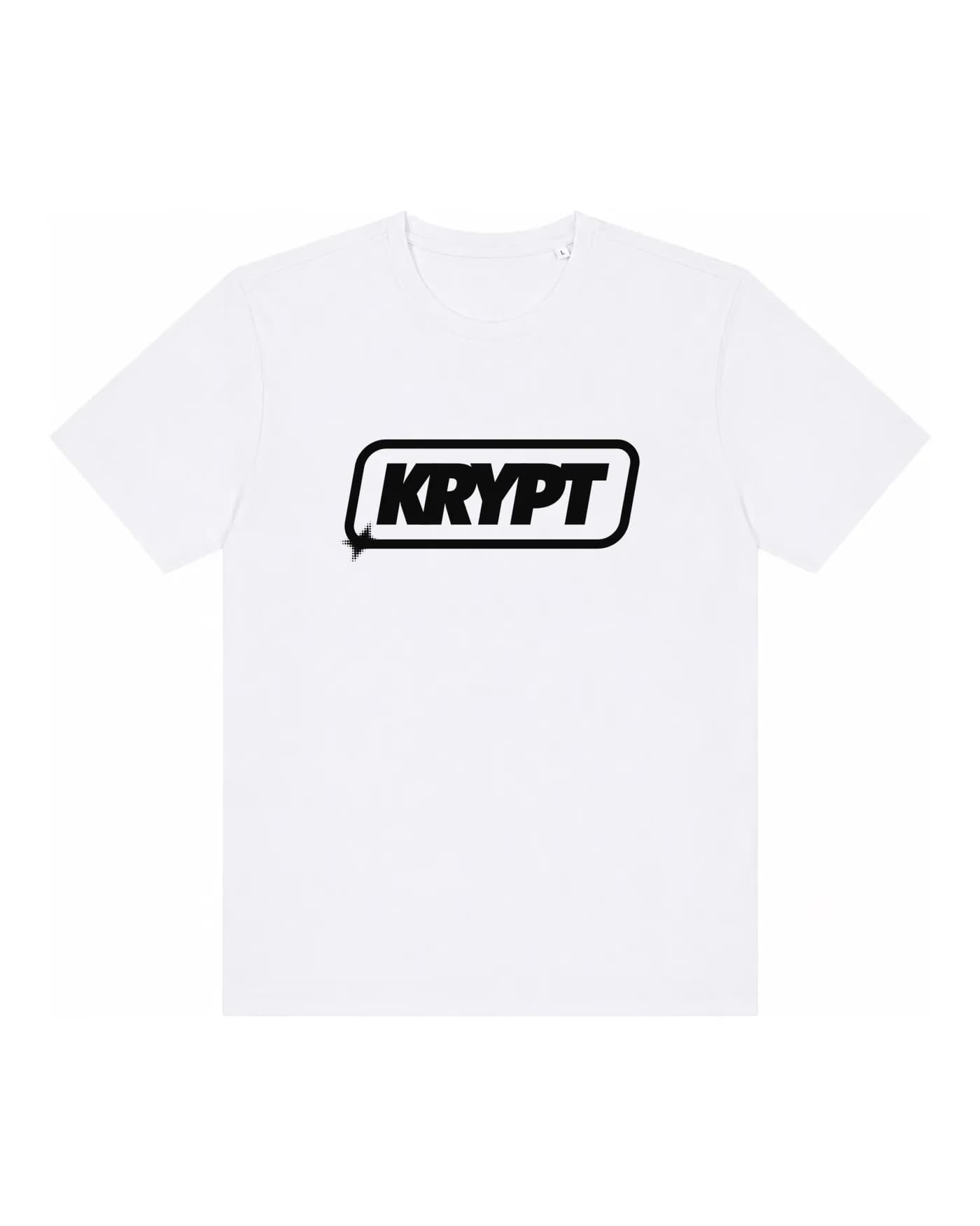 T-shirt blanc avec un logo en aplat noir, une seule couleur sérigraphiée