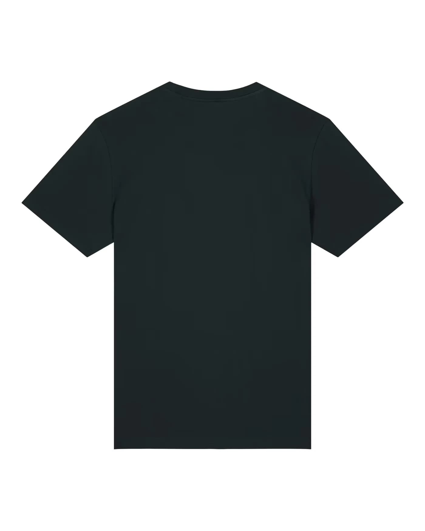 Lettrage The Original en aplat bleu dans le dos d’un t-shirt noir, t-shirt nu