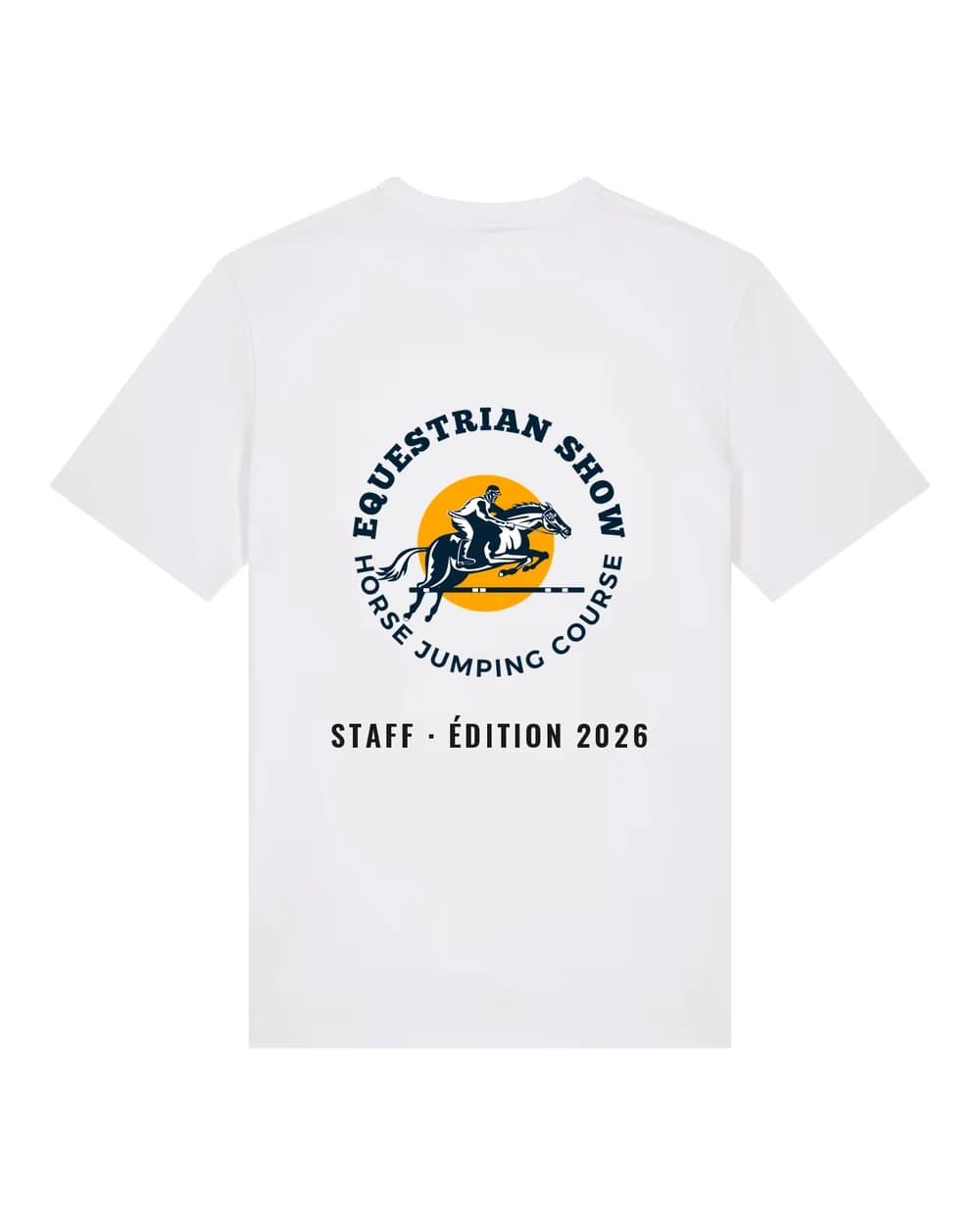 T-shirt de staff blanc réédité à l’exemplaire, logo de l’événement imprimé dans le dos