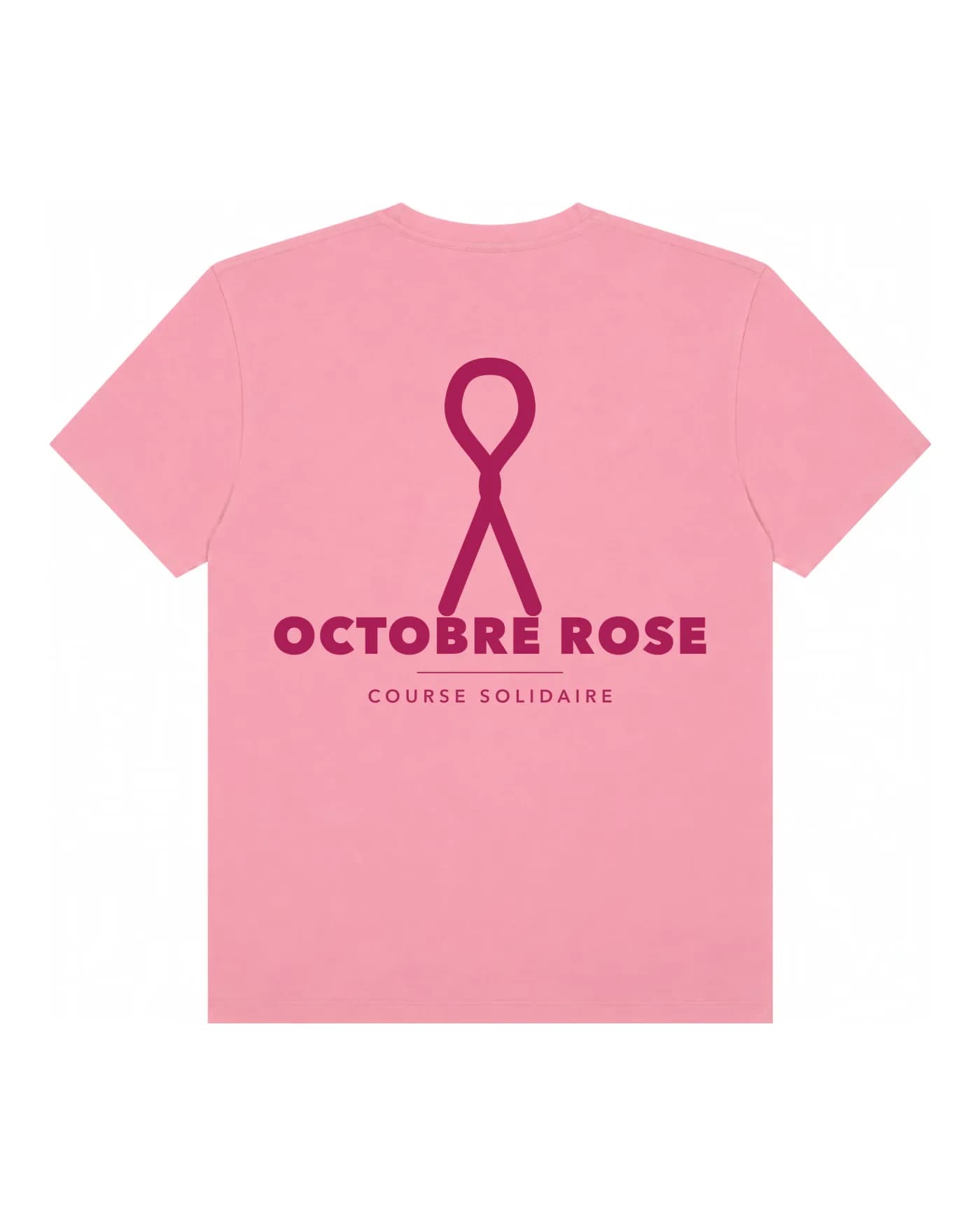 T-shirt Octobre Rose personnalisé rose, ruban rose et mention course solidaire imprimés au dos