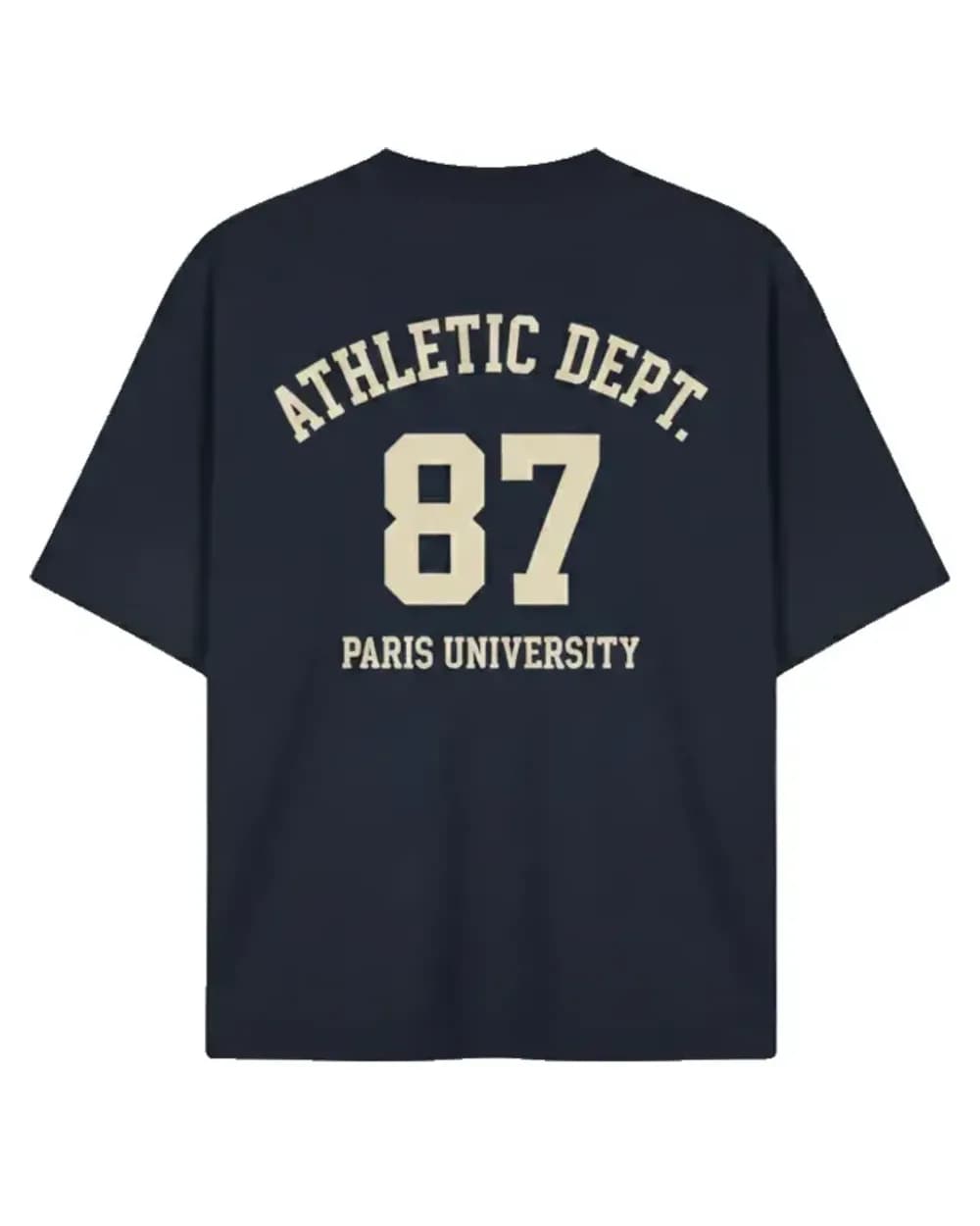 T-shirt étudiant personnalisé bleu marine, lettrage varsity arqué imprimé au dos