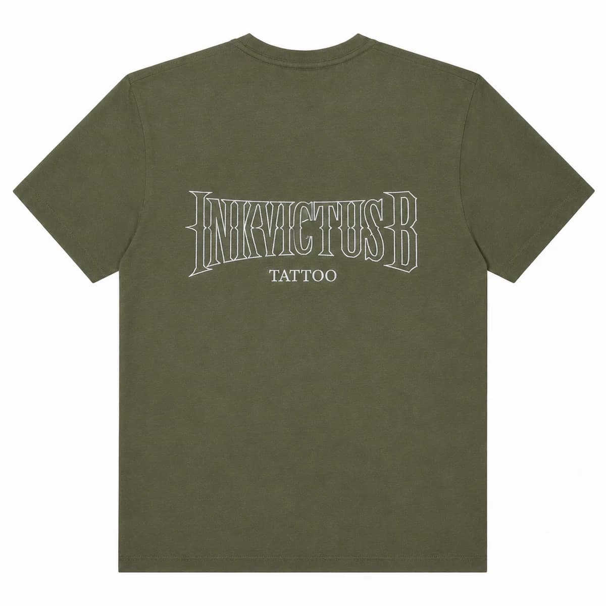 T-shirt vert olive avec un lettrage brodé au fil blanc dans le dos